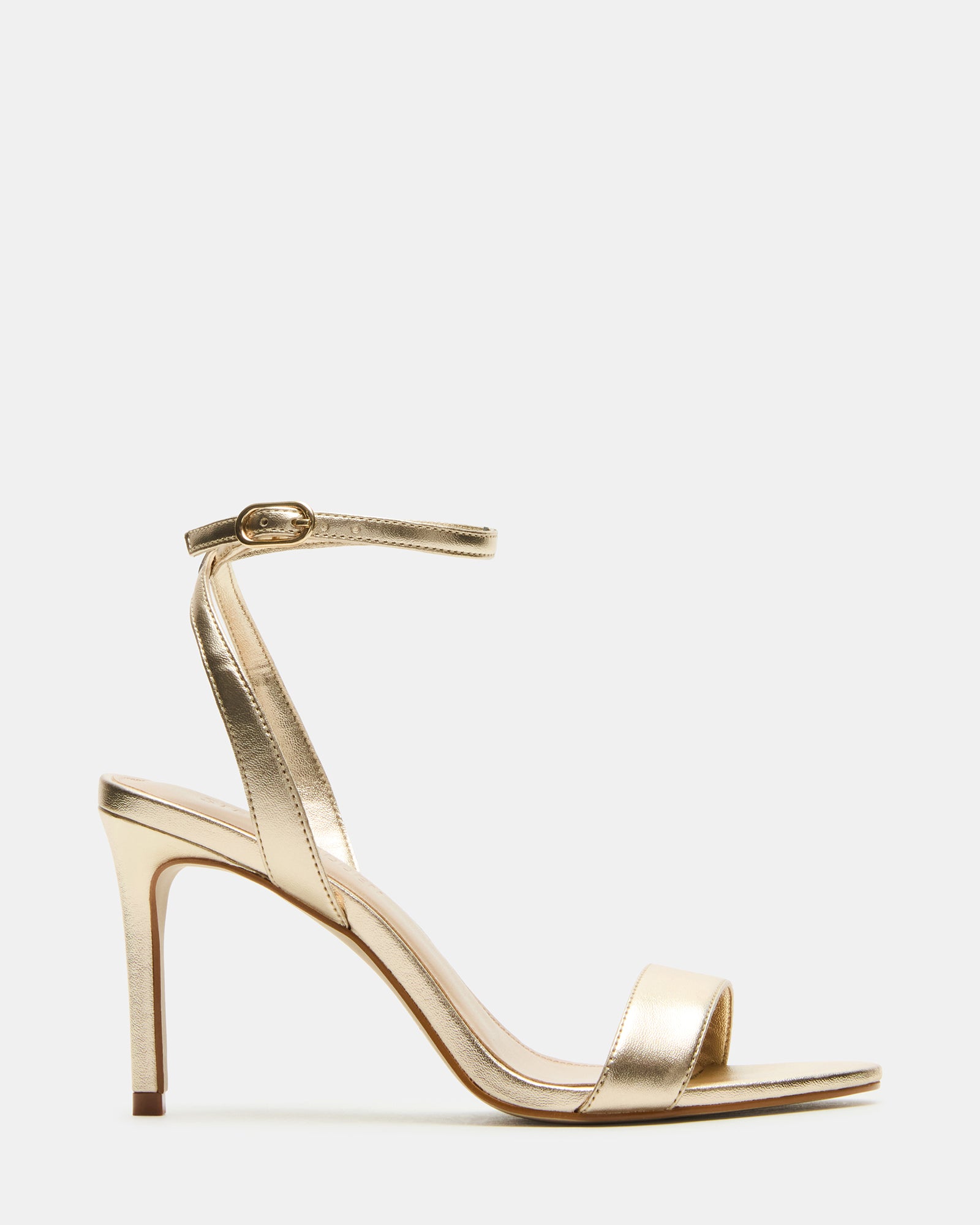 Front profile of black ankle strap heels with rounded toe and high heel for formal occasions