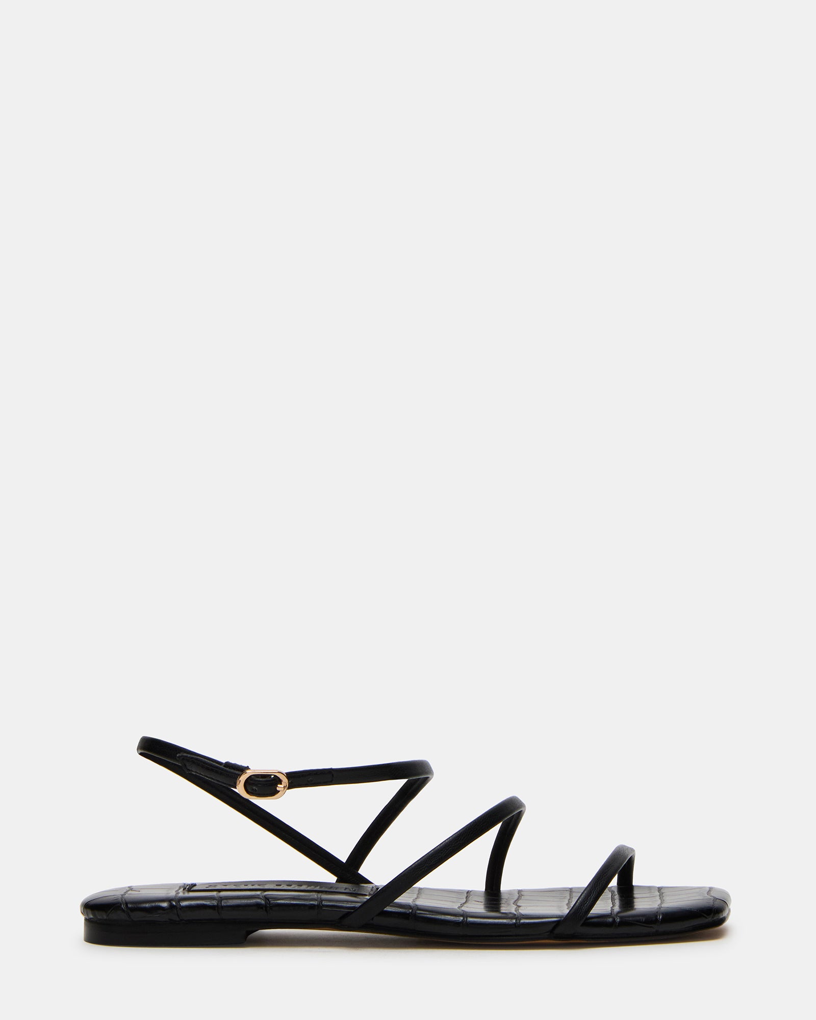 Side view of women's dress sandals black with square toe design.
