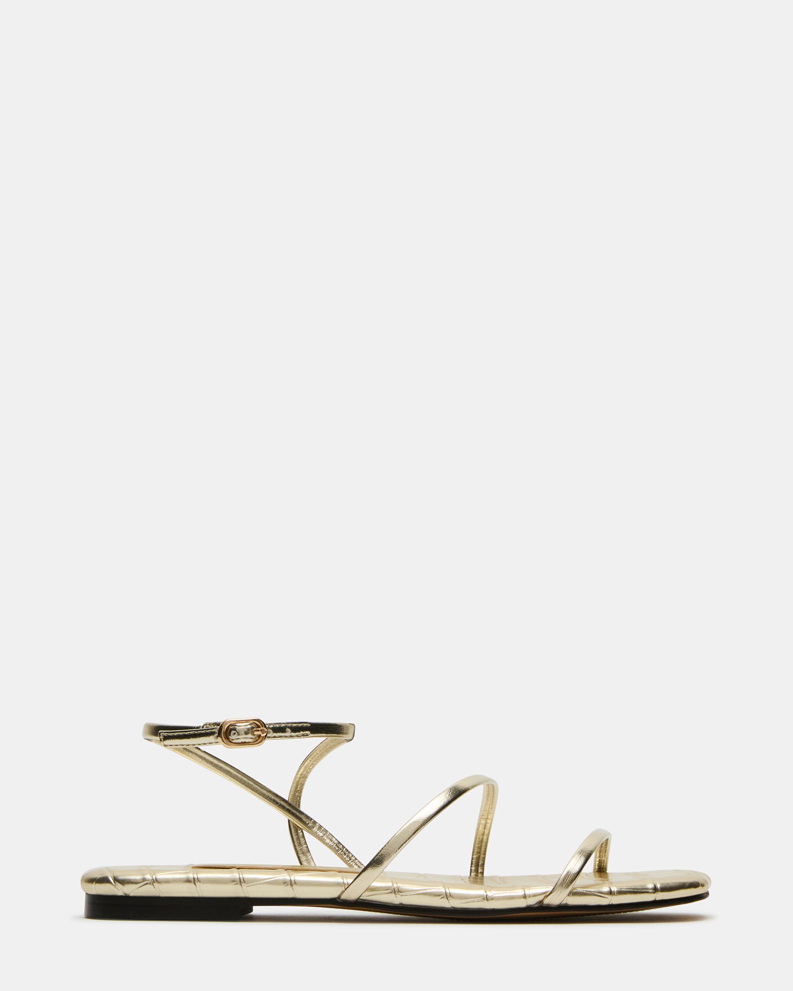 Front view of TANGO Gold square toe strappy sandals highlighting the vegan leather material