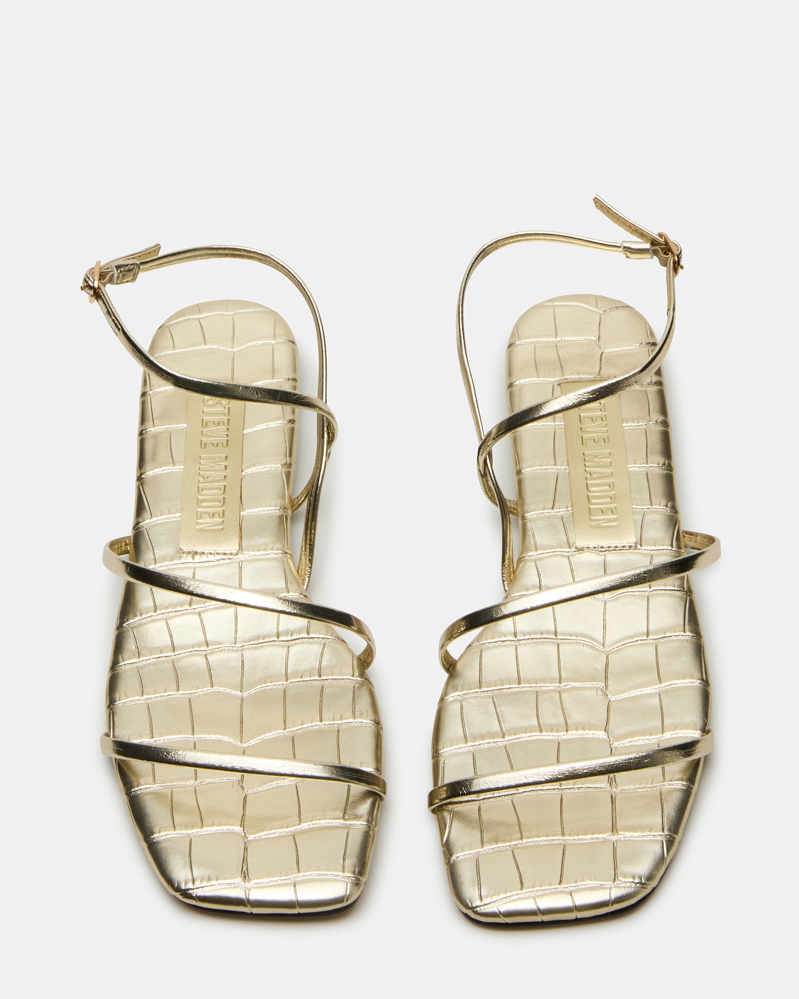 Side profile of the stylish square toe heeled sandals perfect for evening wear