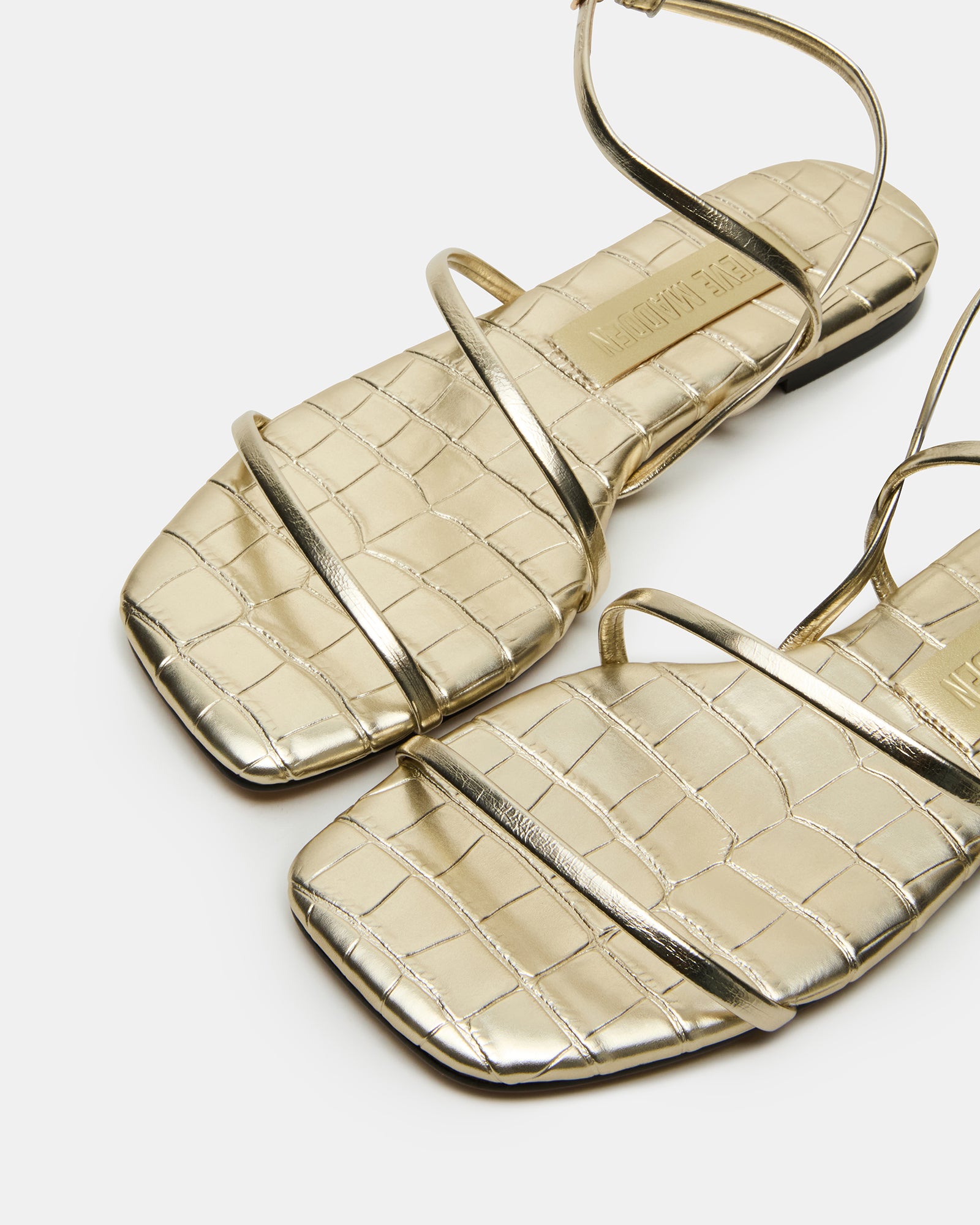 Front view of TANGO Gold square toe strappy sandals highlighting the vegan leather material
