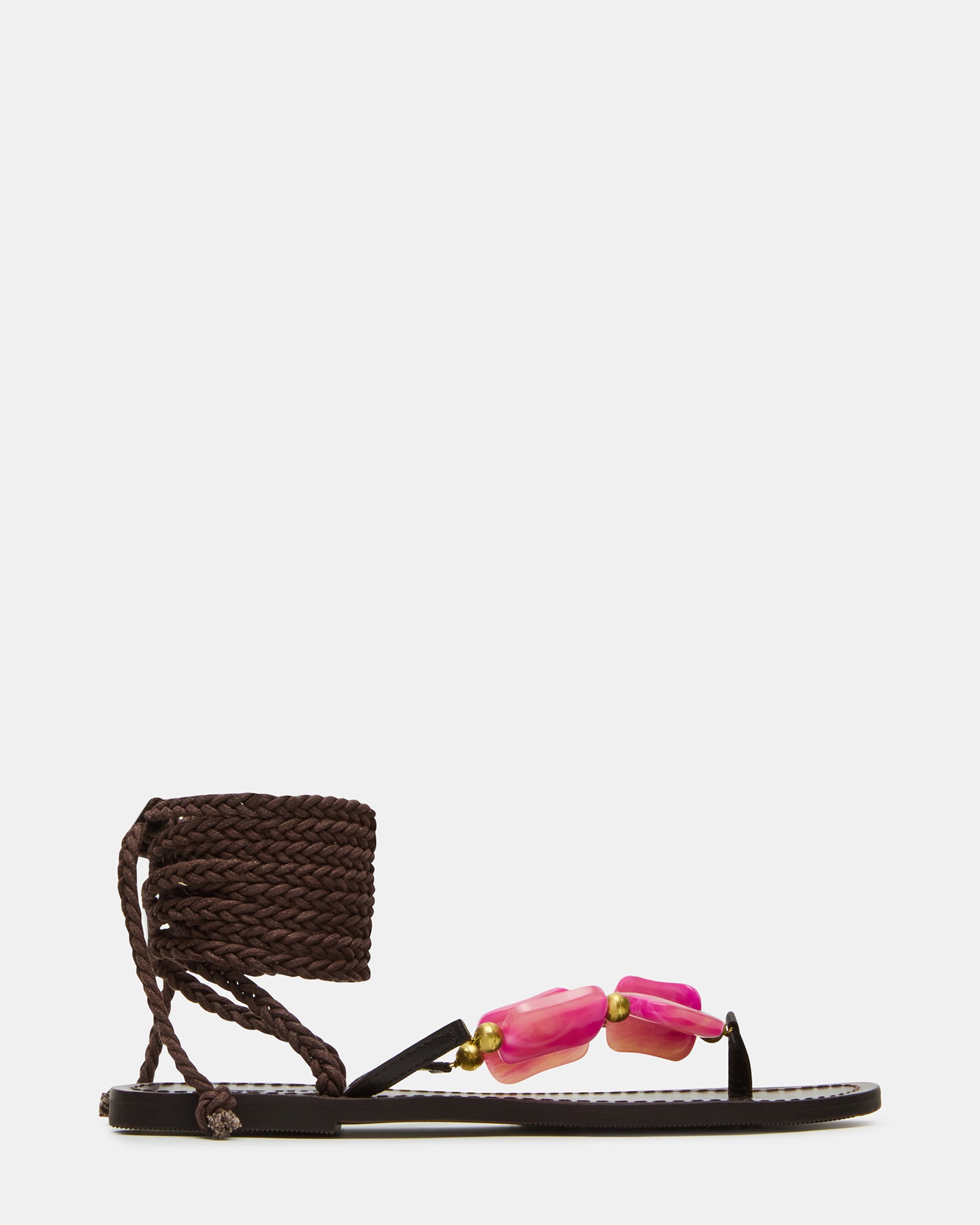 Tasha pink multi lace-up flat sandals showcasing strappy design from the side.