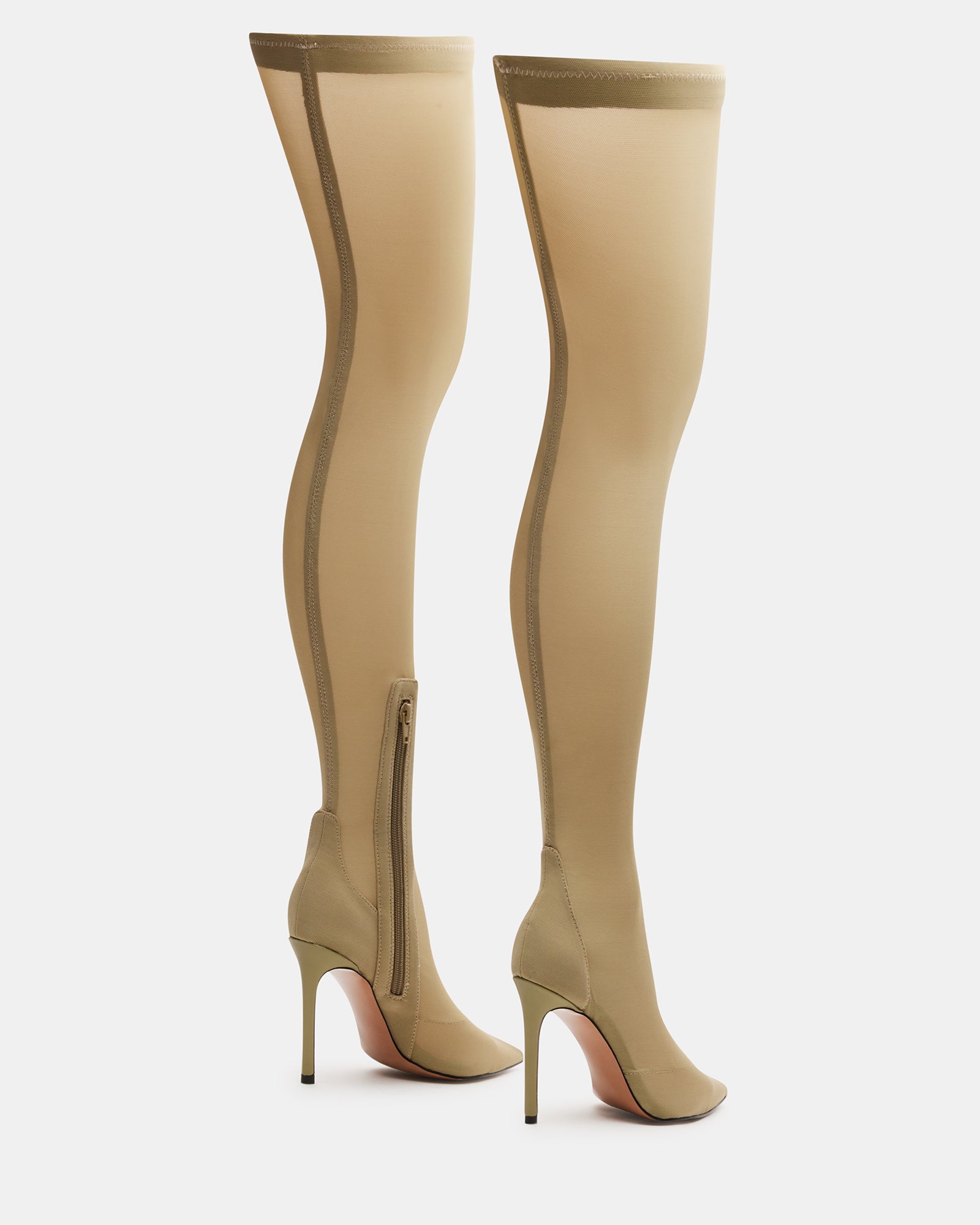 Close-up of the pointed toe design on TATE Olive thigh high boots.