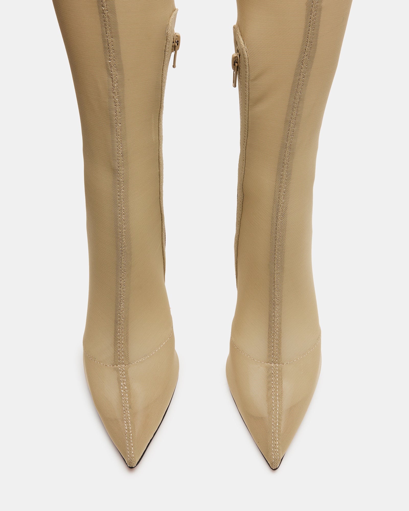 Side view of TATE Olive thigh high stiletto boots with pointed toes.