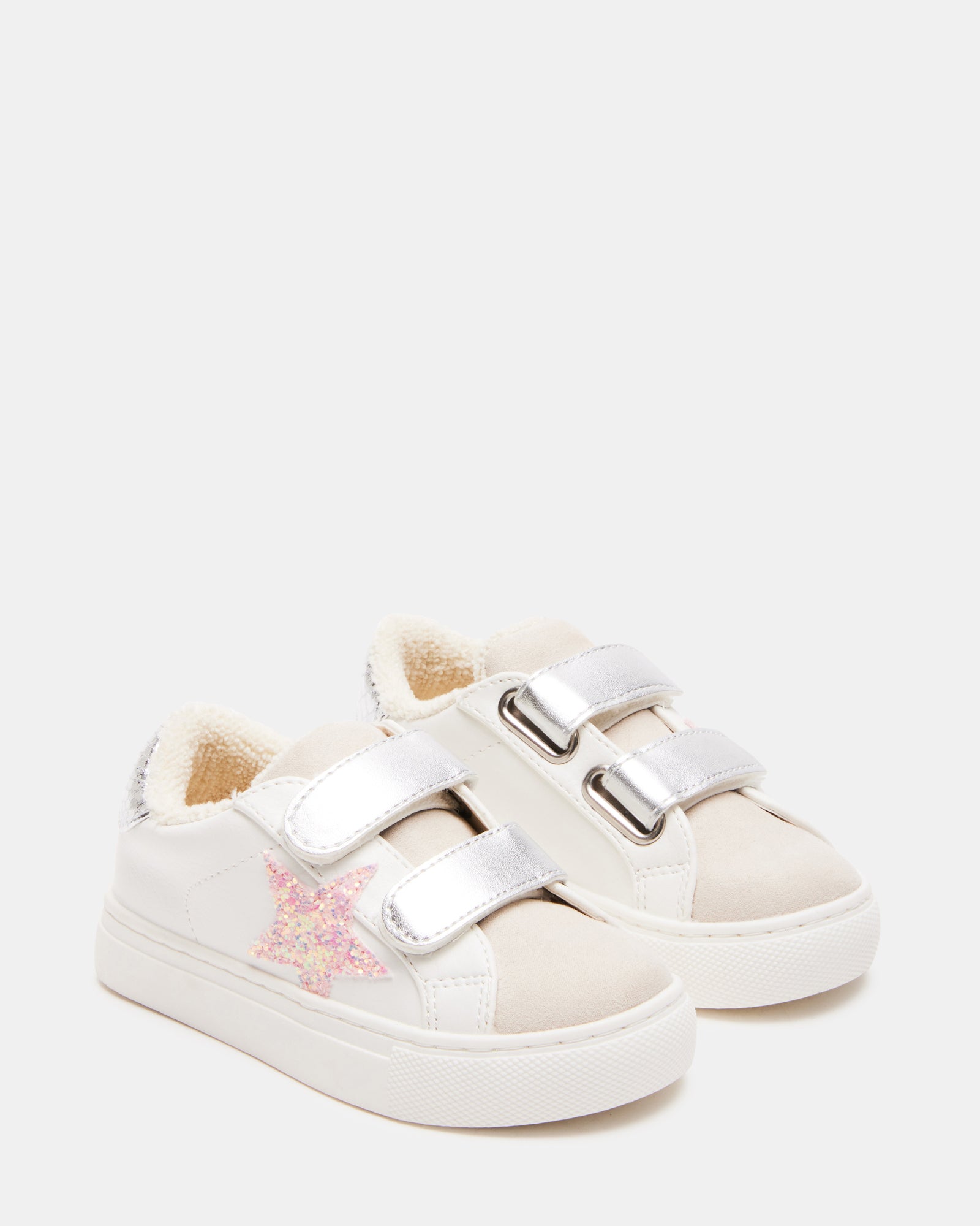 Side profile of toddler shoes highlighting 1-inch heel and vegan leather sock
