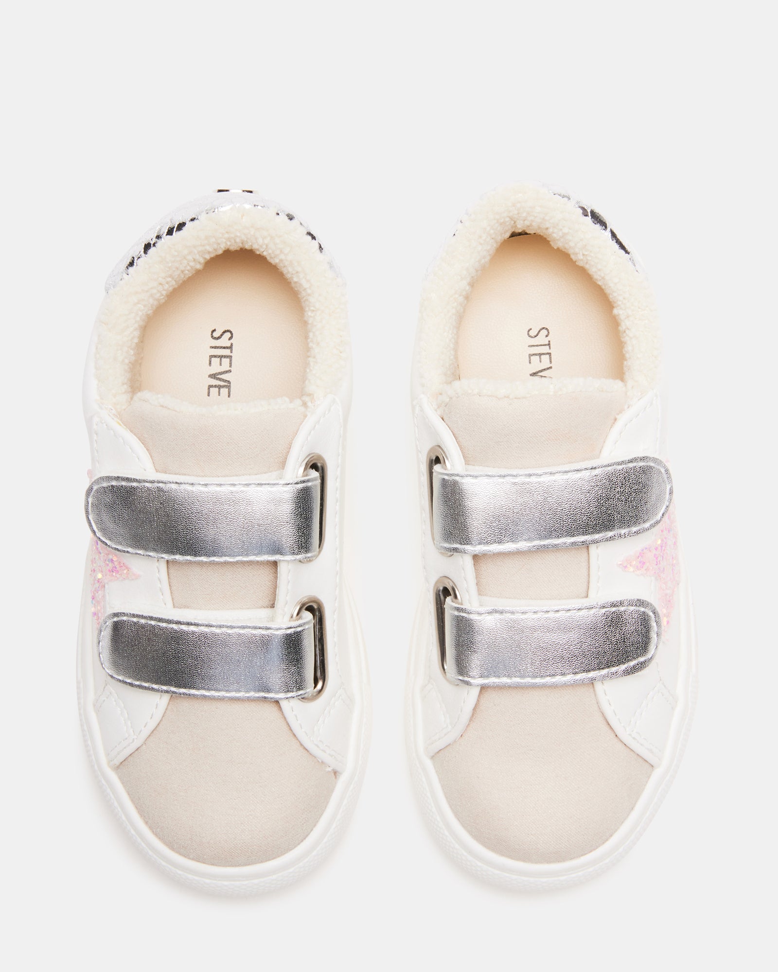 Top-down view of velcro sneakers showing star detail and easy entry design