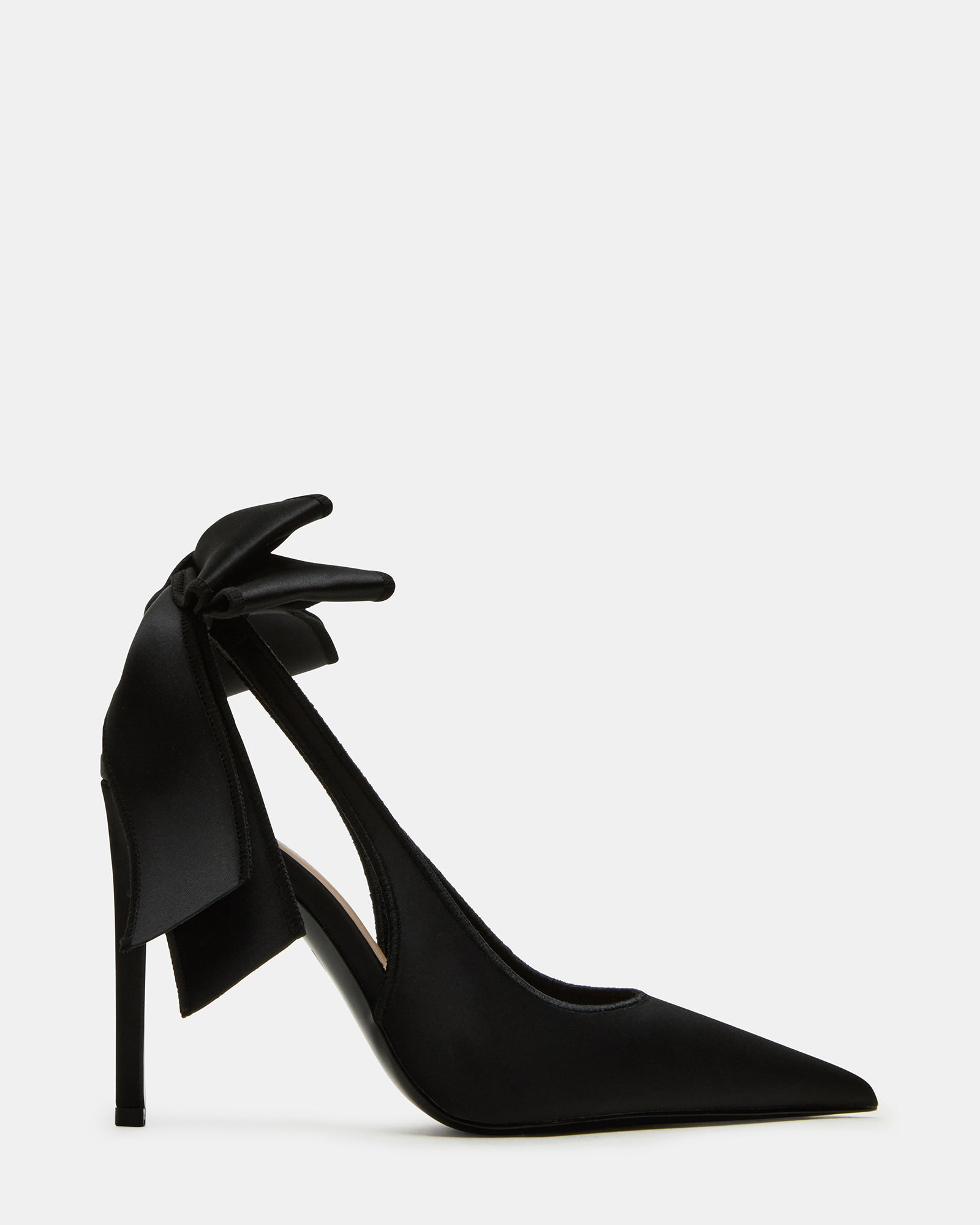 Black satin slingback heels from a side angle, showcasing the stiletto heel.