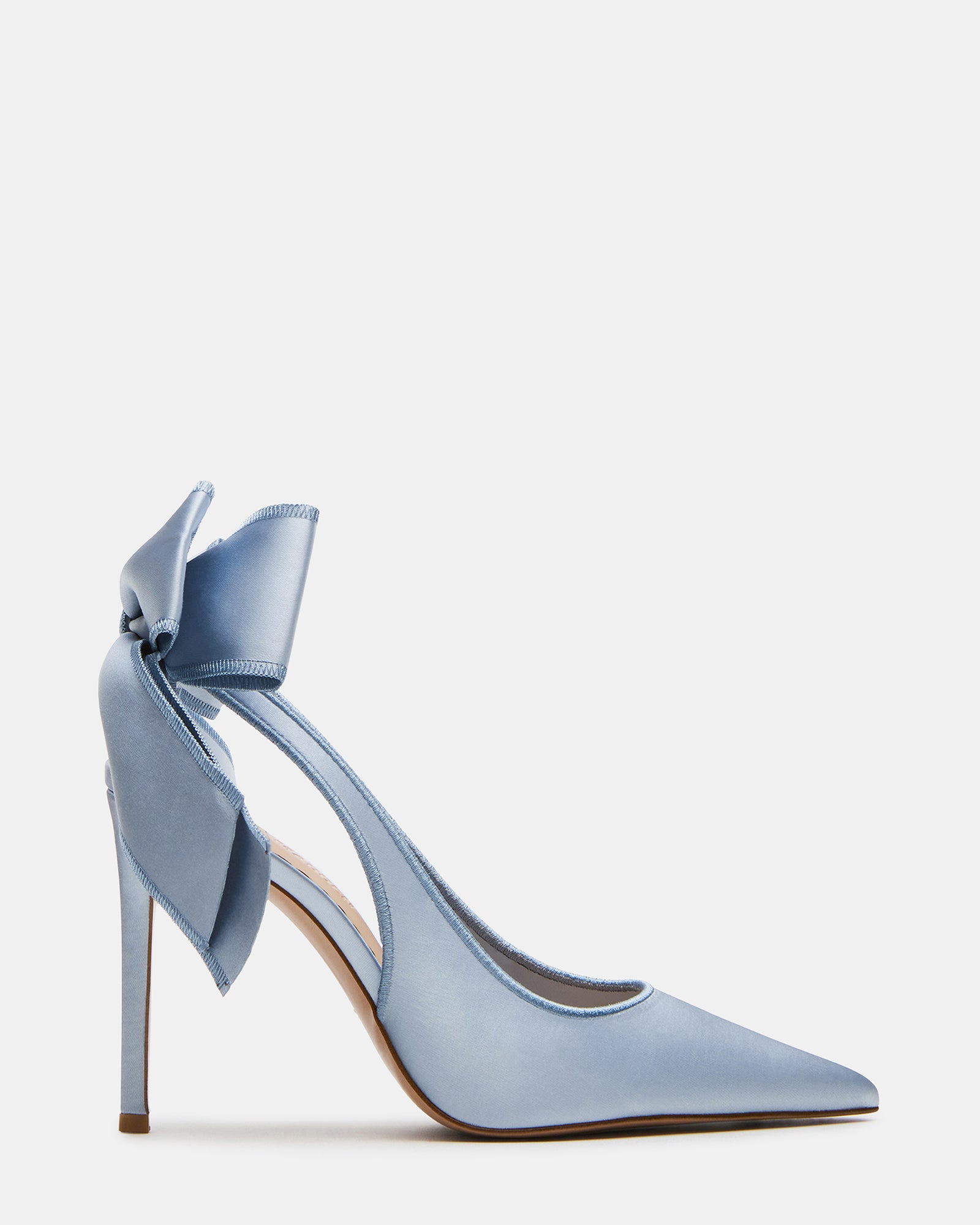 Side view of blue satin pointed toe slingback heels with bow detail