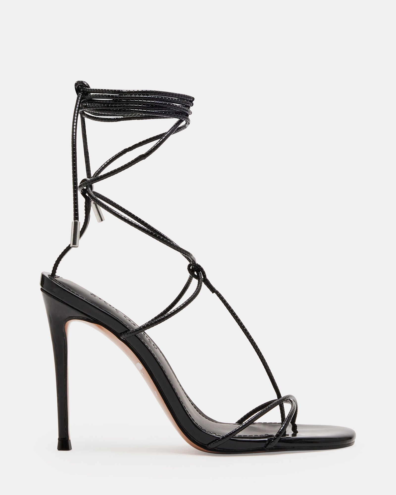 Elegant Temptation Noir strappy stiletto heels on display, showcasing their sleek design.