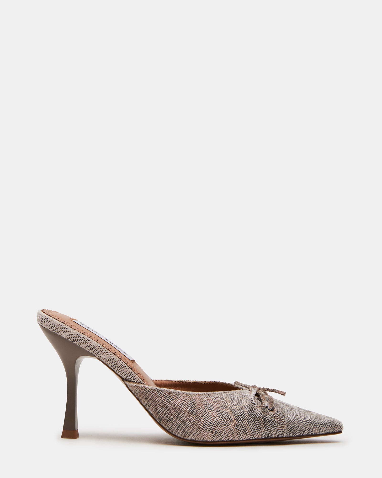 Stylish pointed toe mules with stiletto heels and elegant bow detail.