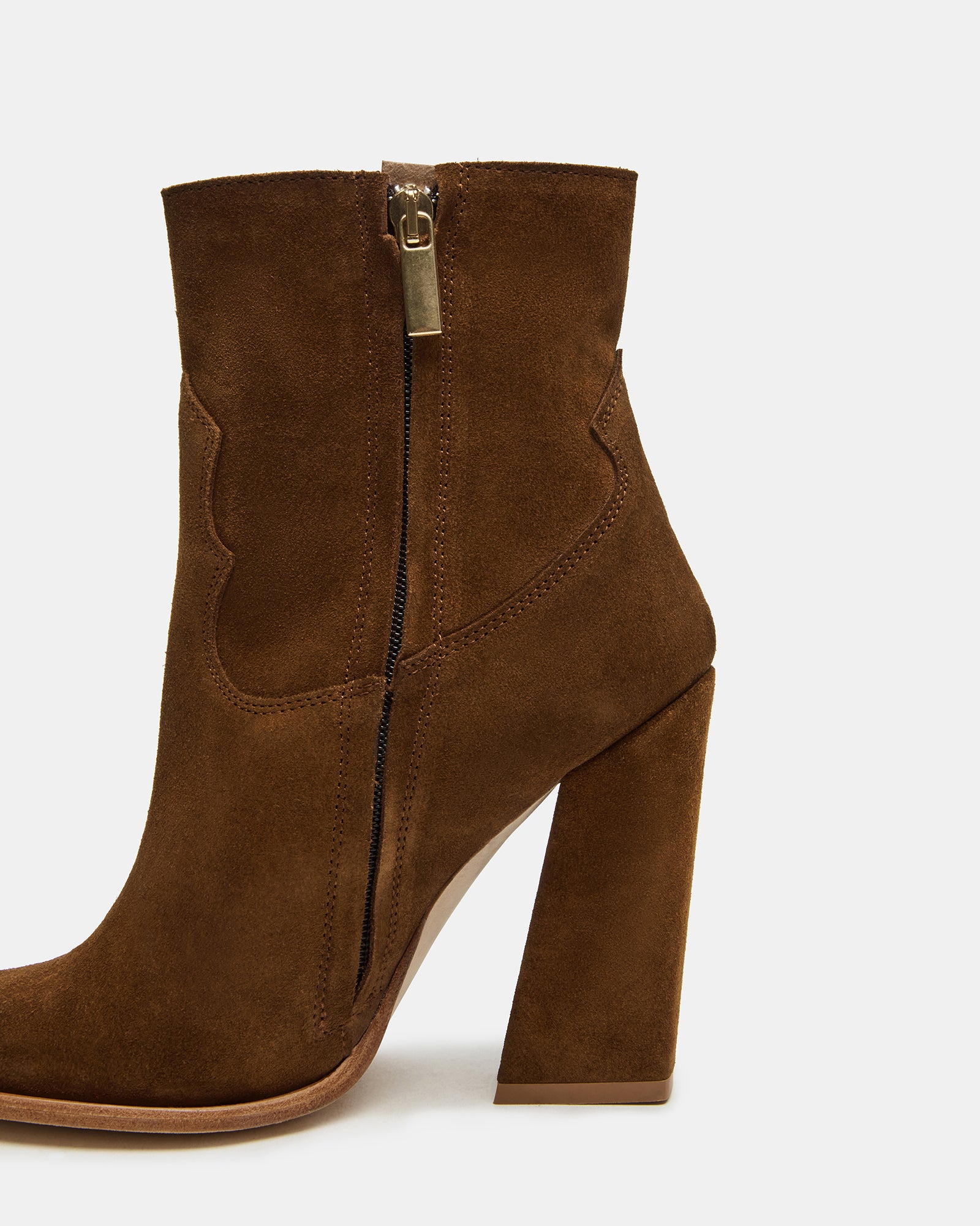 Close-up of kitten heel boots highlighting suede texture and stitching