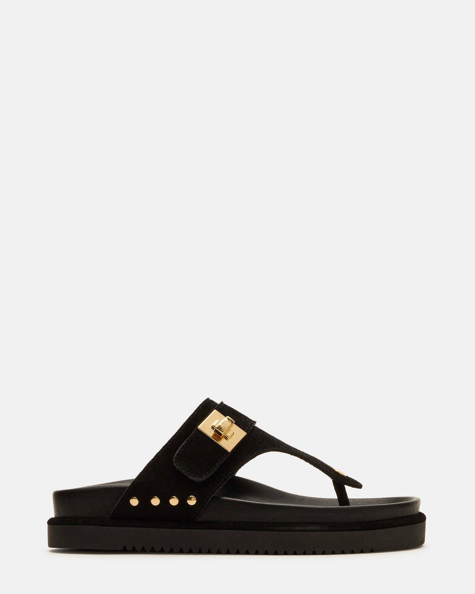 Side view of black suede platform sandals with 1.5-inch heel for women