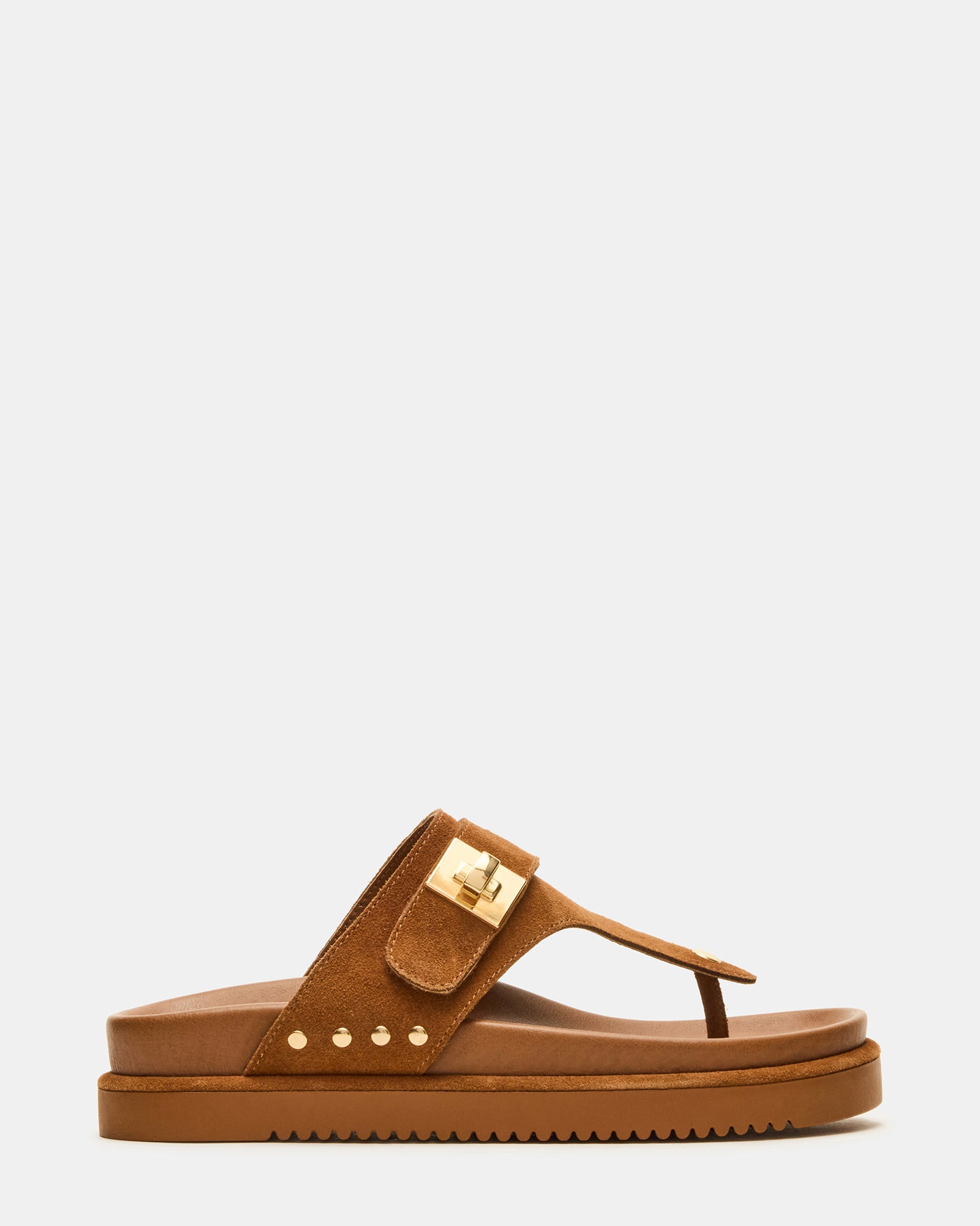 Side view of chestnut suede platform sandals for women