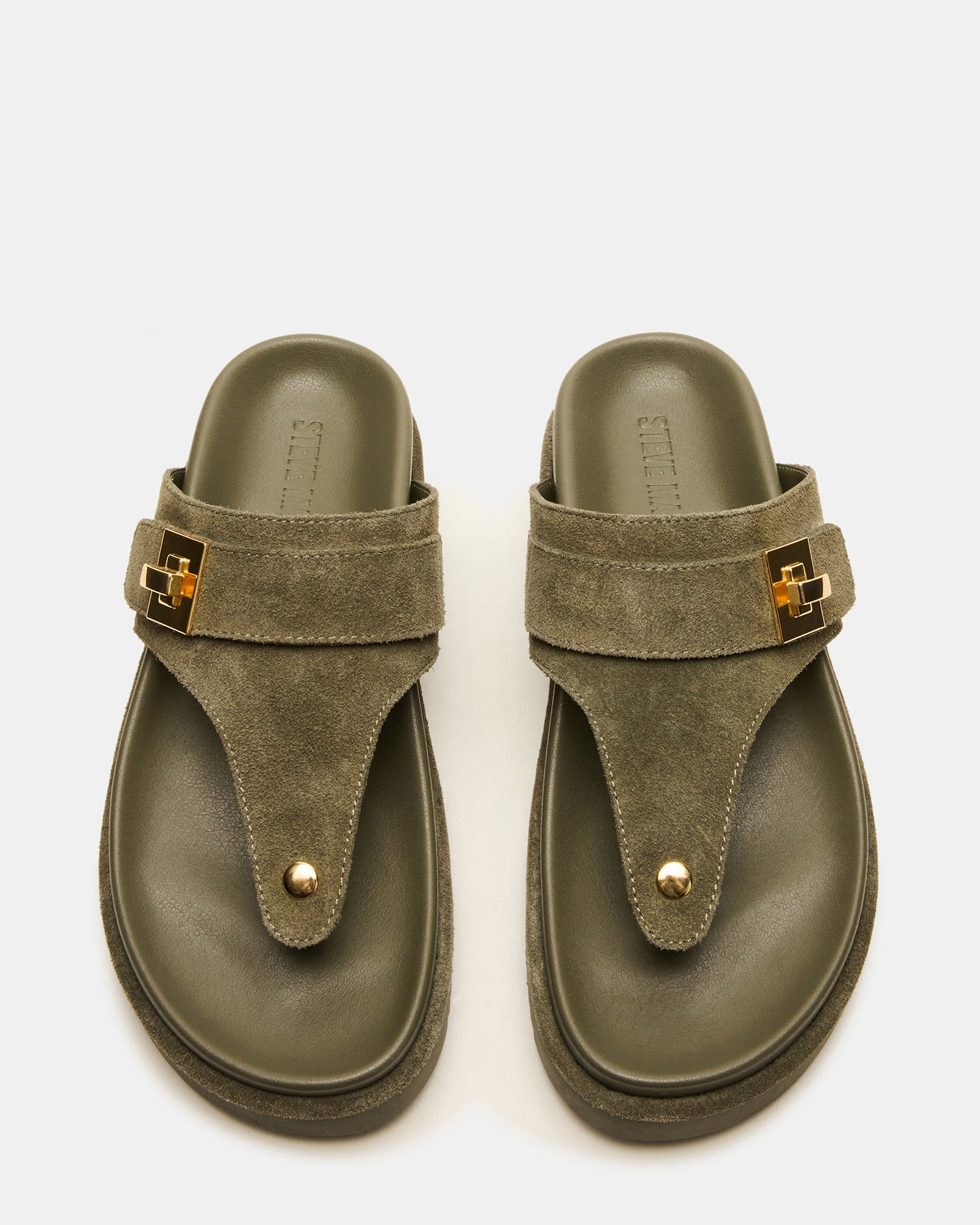 Side view of Thona olive suede flatform sandals showing 1.5-inch heel