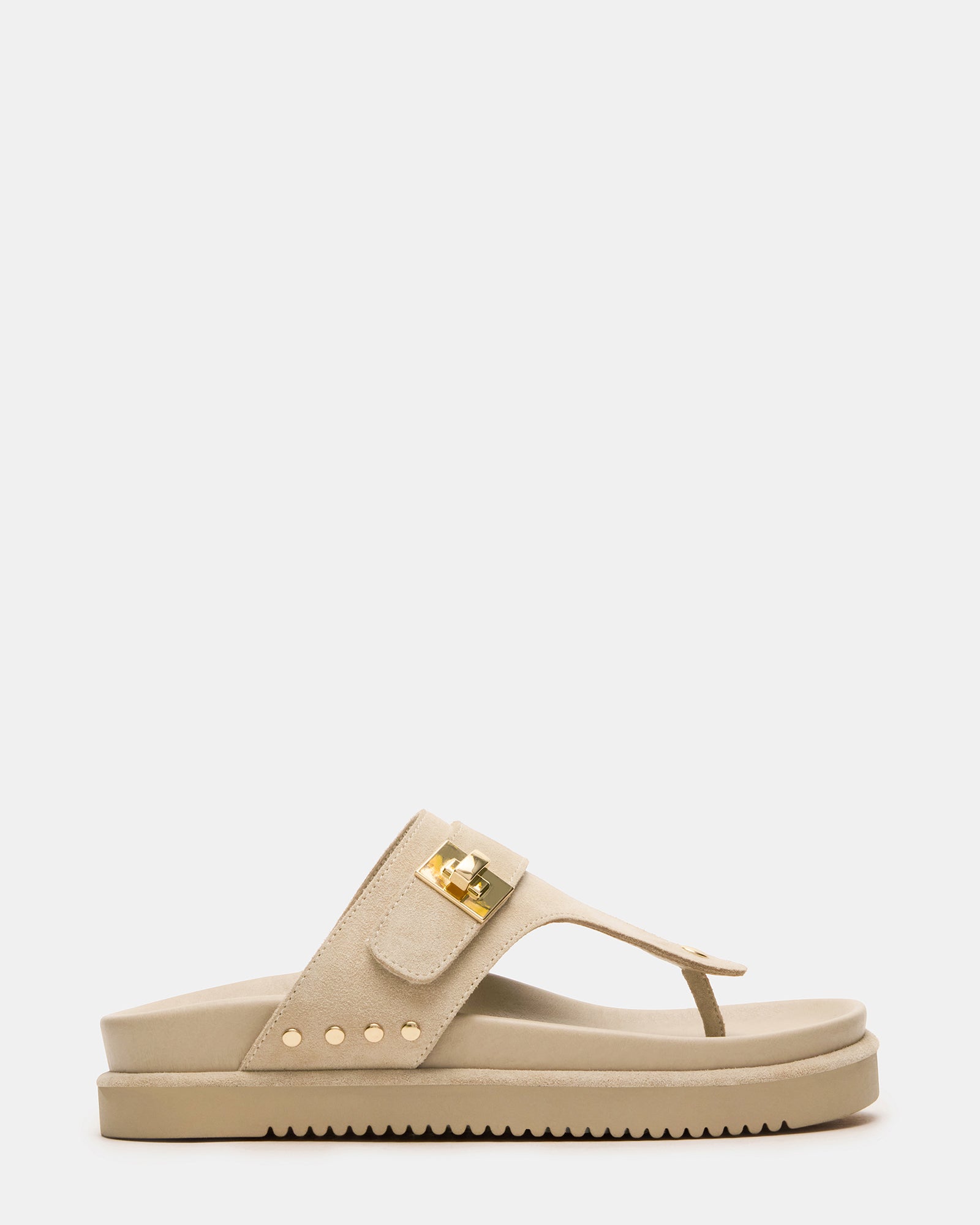 Side view of stylish suede platform sandals with flatform design for women