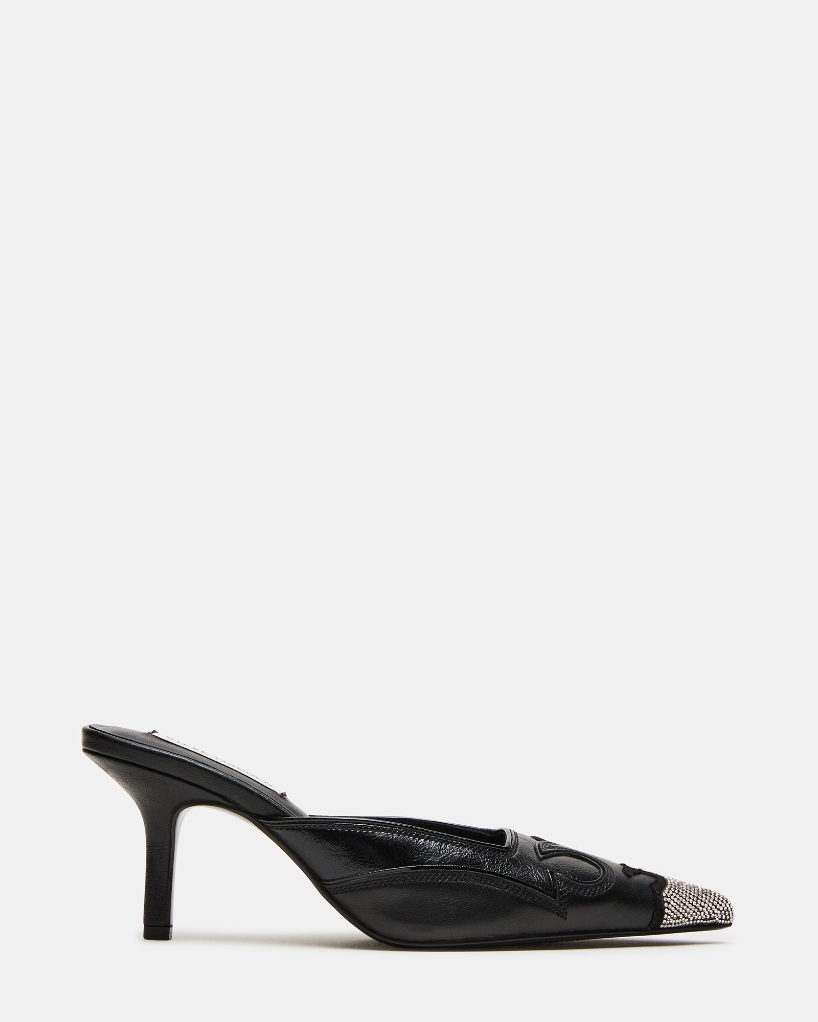 Side view of black rhinestone mule heels showcasing their elegant design.
