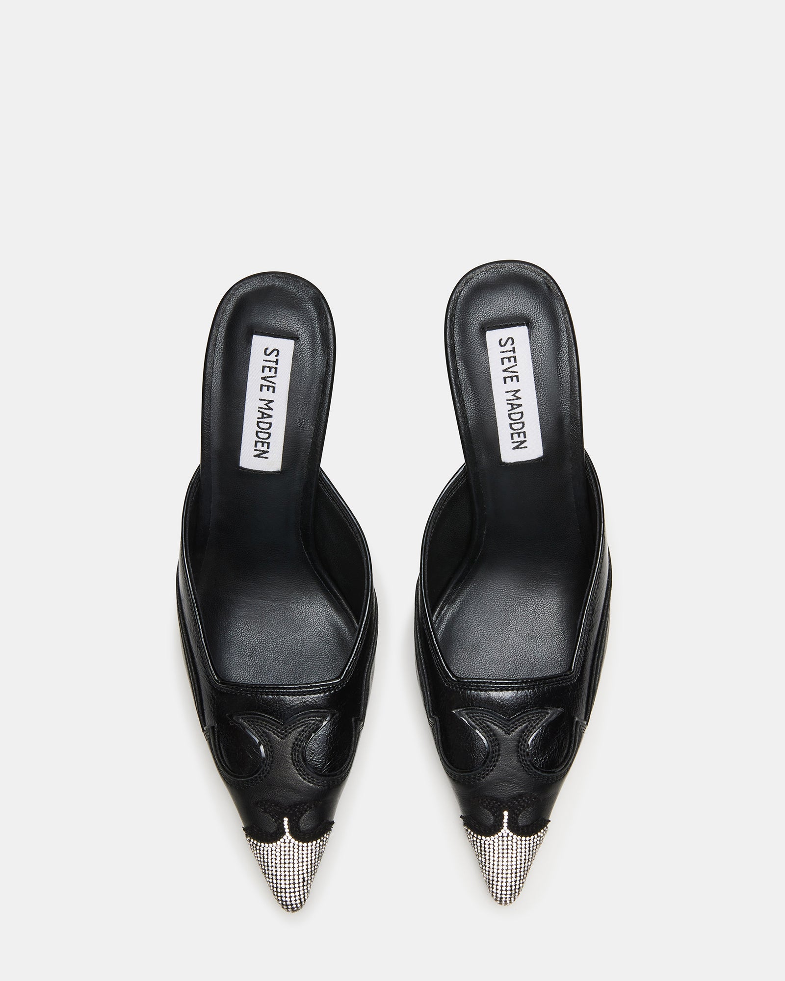 Side view of black rhinestone mule heels showcasing their elegant design.