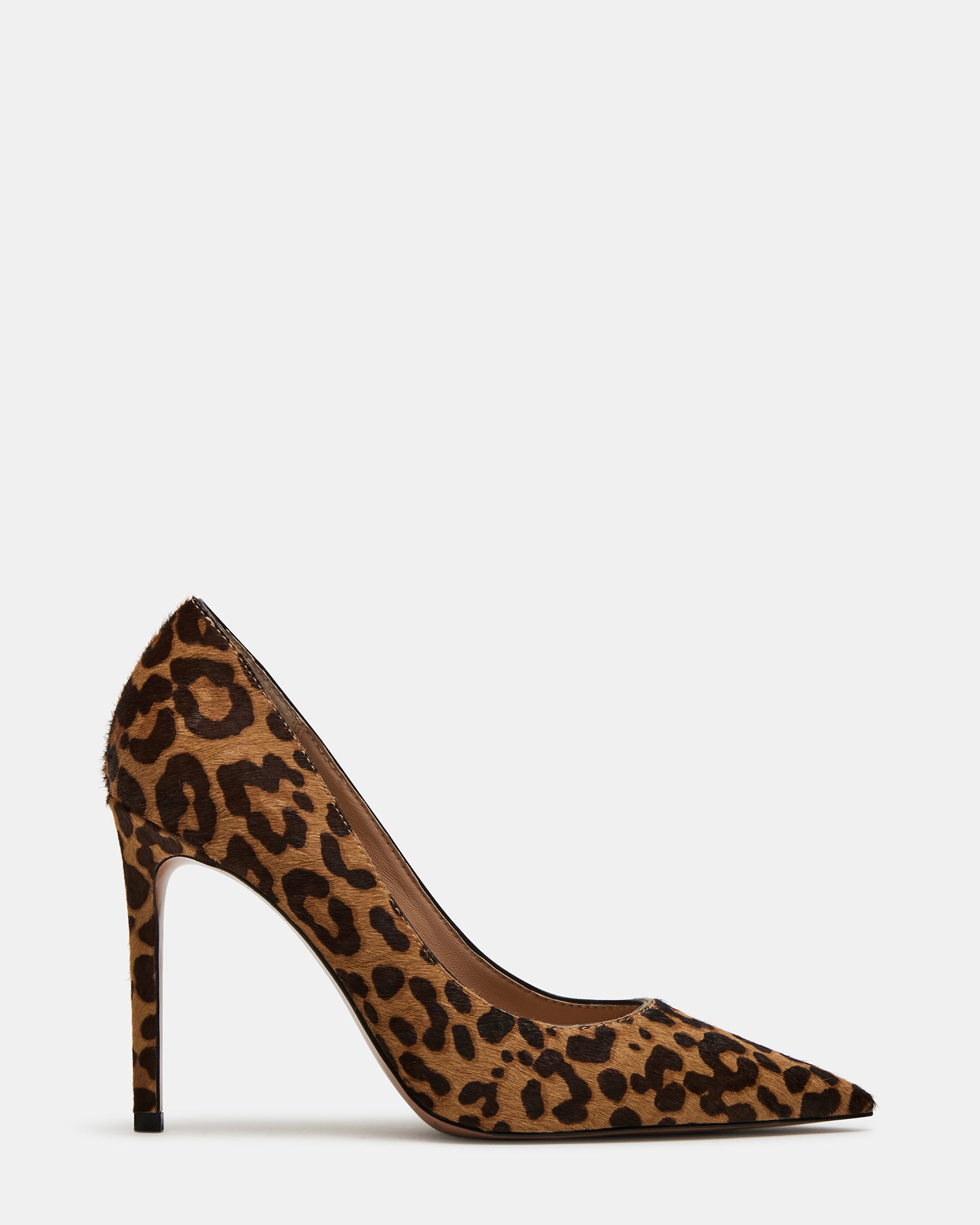 Close-up of leopard print heels with pointed toe design and 4-inch stiletto heel