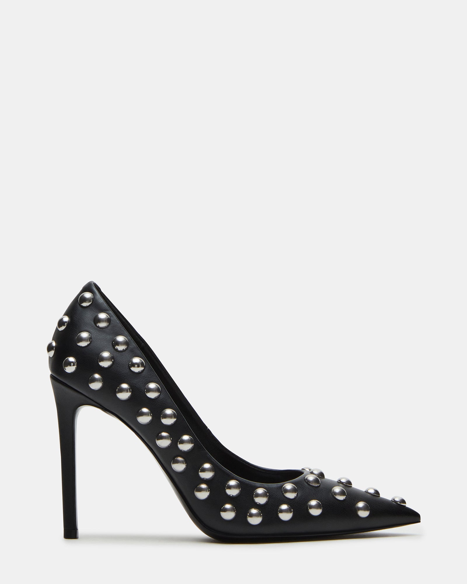 Side view of THRIVE black pointed toe pumps with sleek stiletto heel