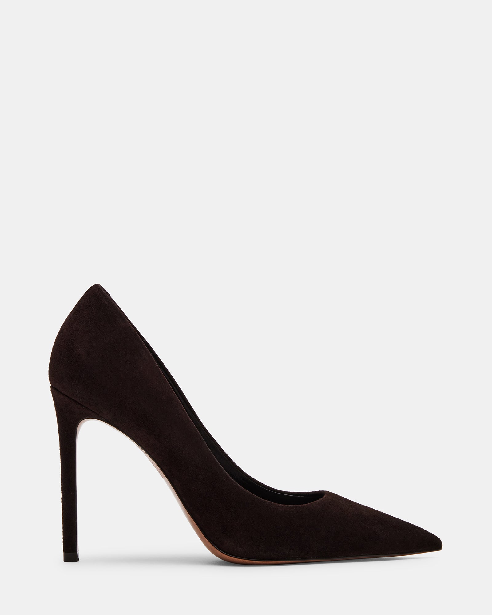 Thrive brown suede pumps showcasing the pointed toe design.