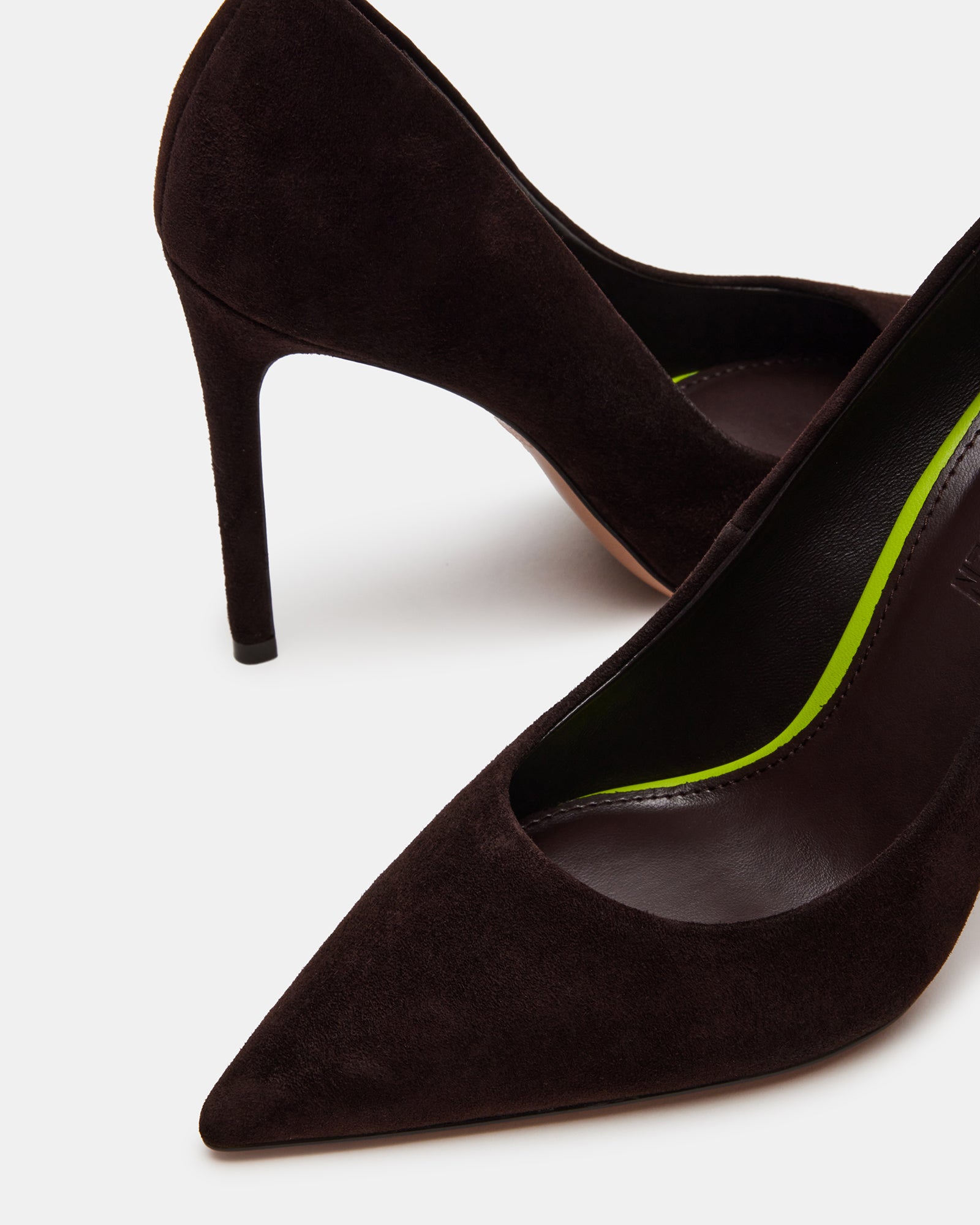 Thrive brown suede pumps showcasing the pointed toe design.