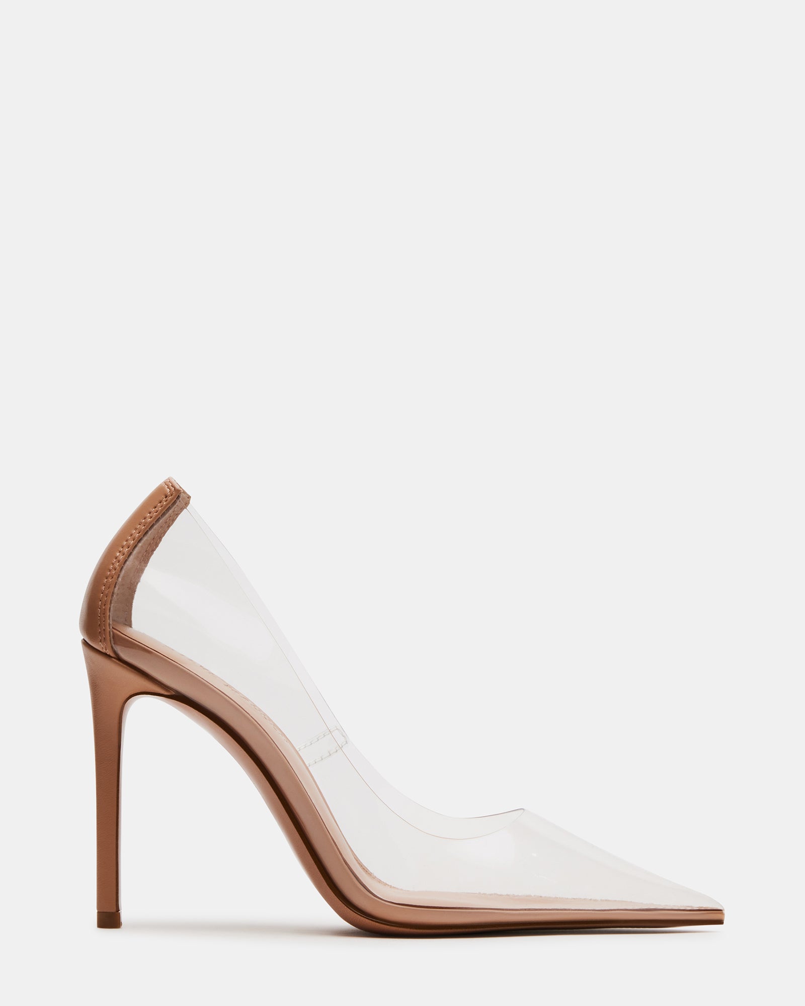 Side view of clear pumps with pointed toes and high stiletto heels