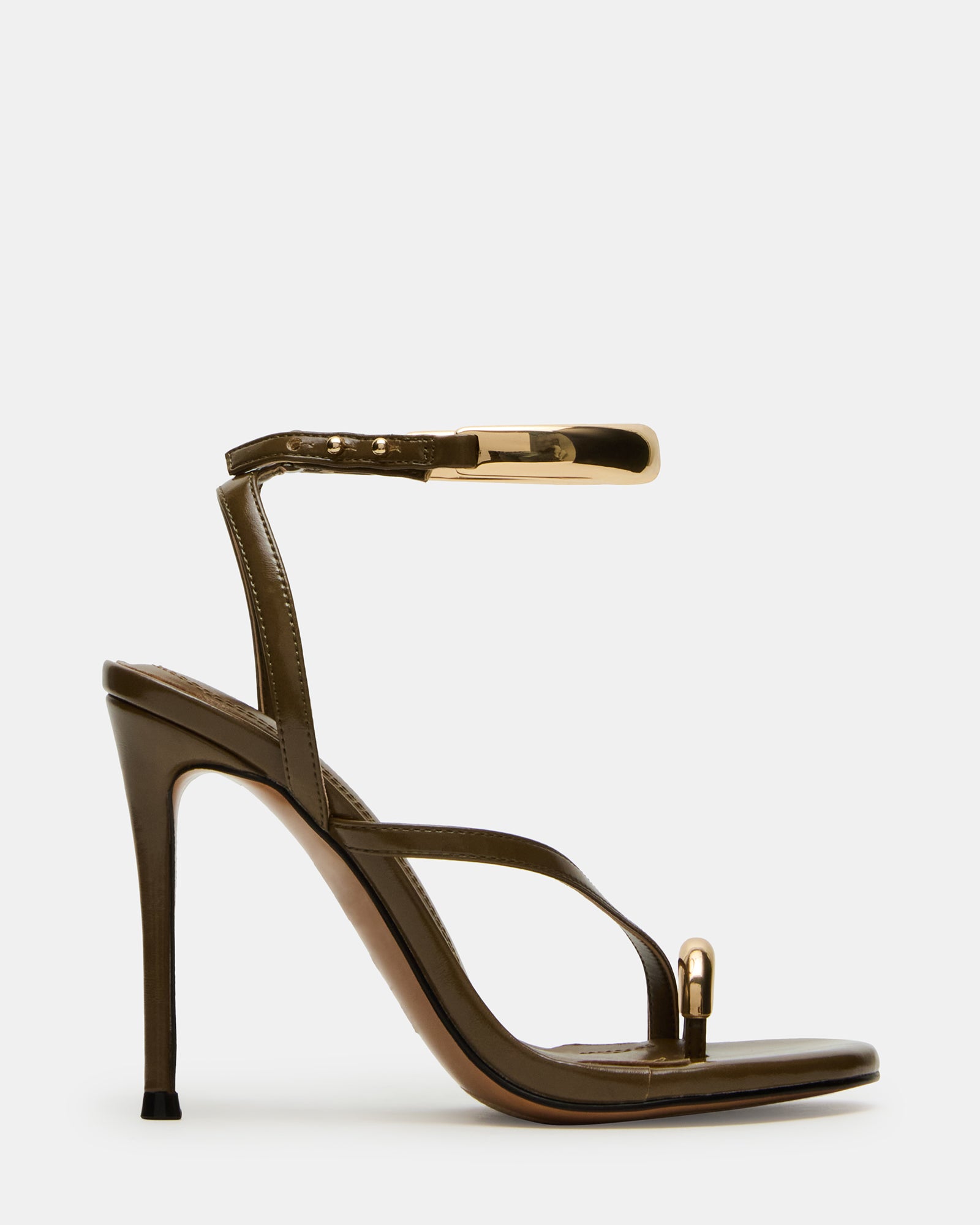 Gold high heel sandals showcasing strappy design from the side.