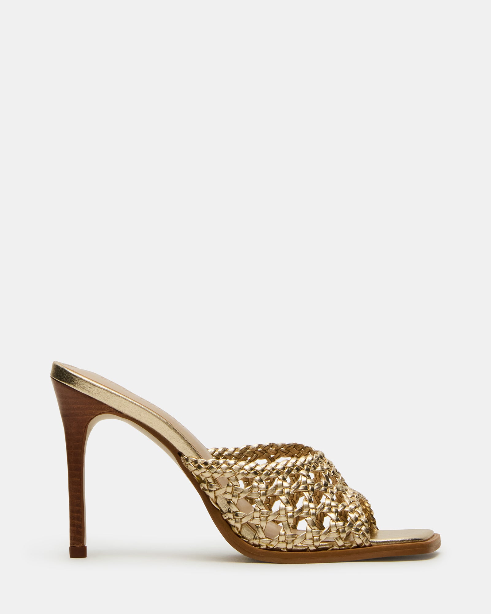 Black mule heels angled to show the stiletto heel and square toe