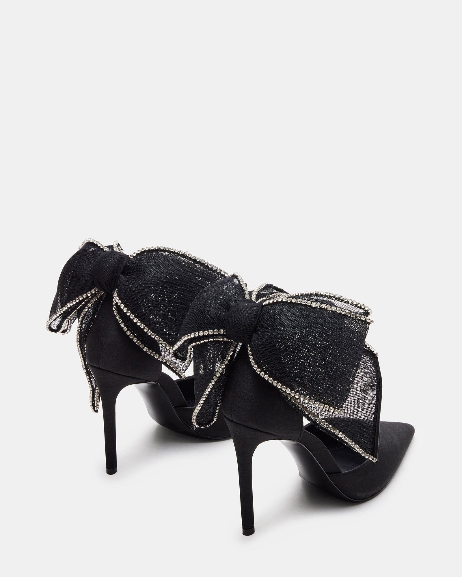 Black satin platform heels with rhinestone trim, side view
