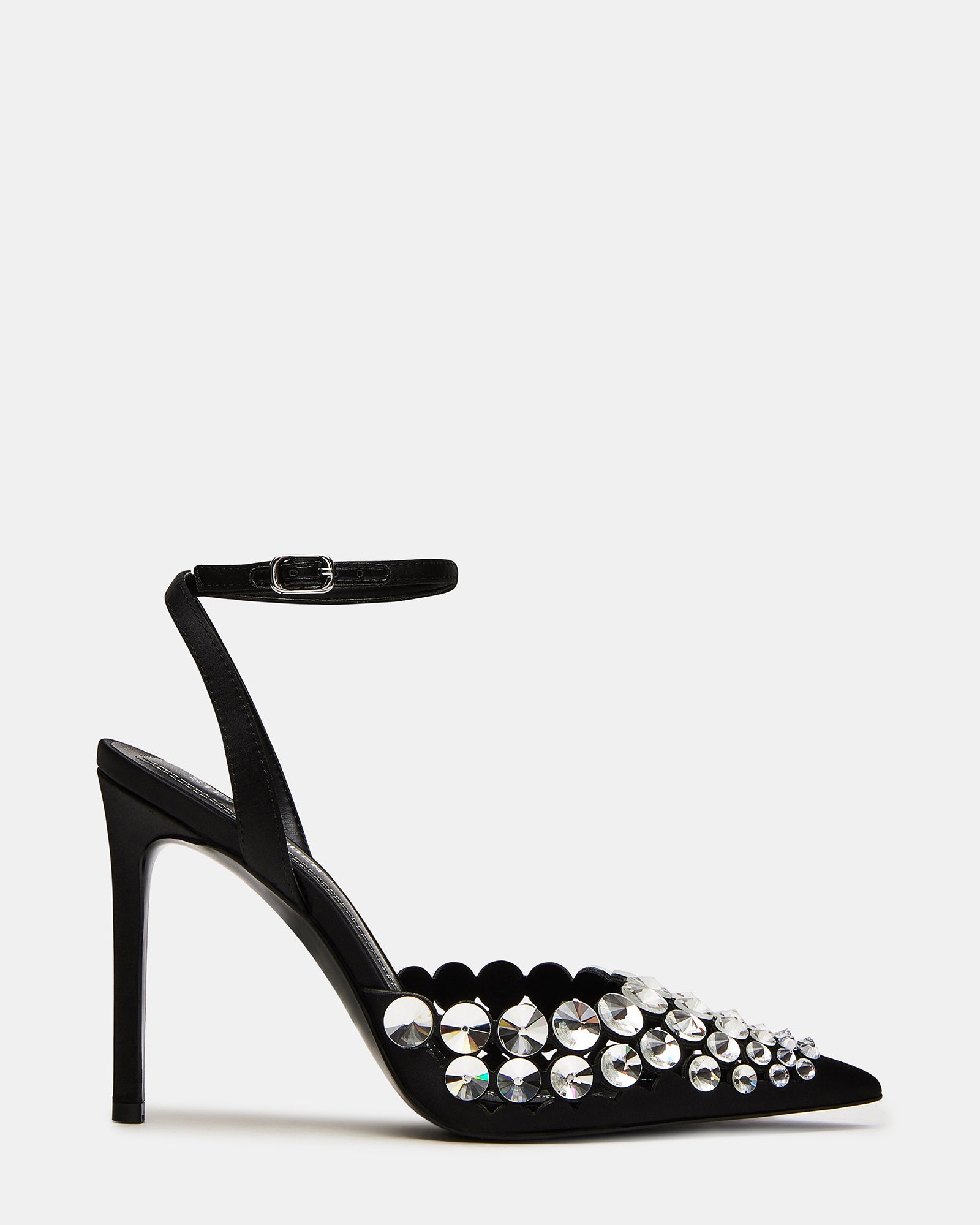 Side view of black stiletto heels with pointed toe and ankle strap