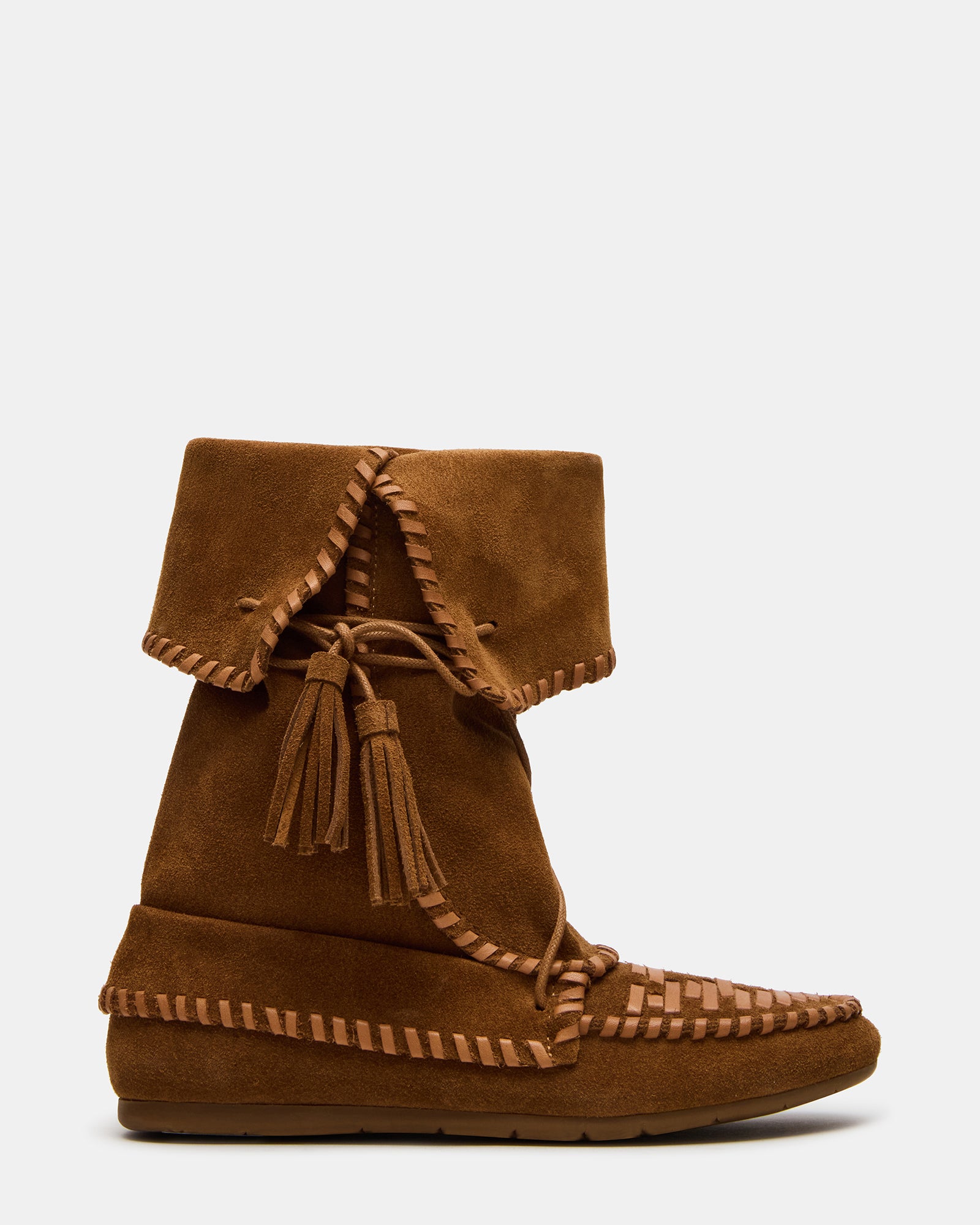 Side view of brown suede cowboy boots with woven ankle and tassels