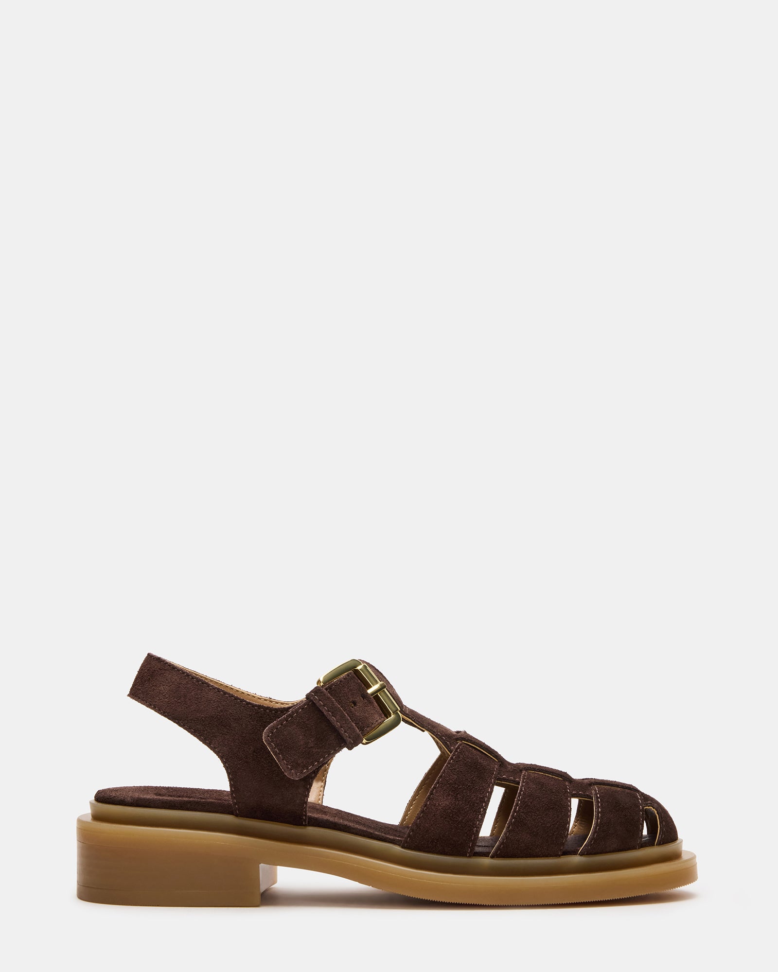Side view of brown suede women's fisherman sandals, showcasing the design.