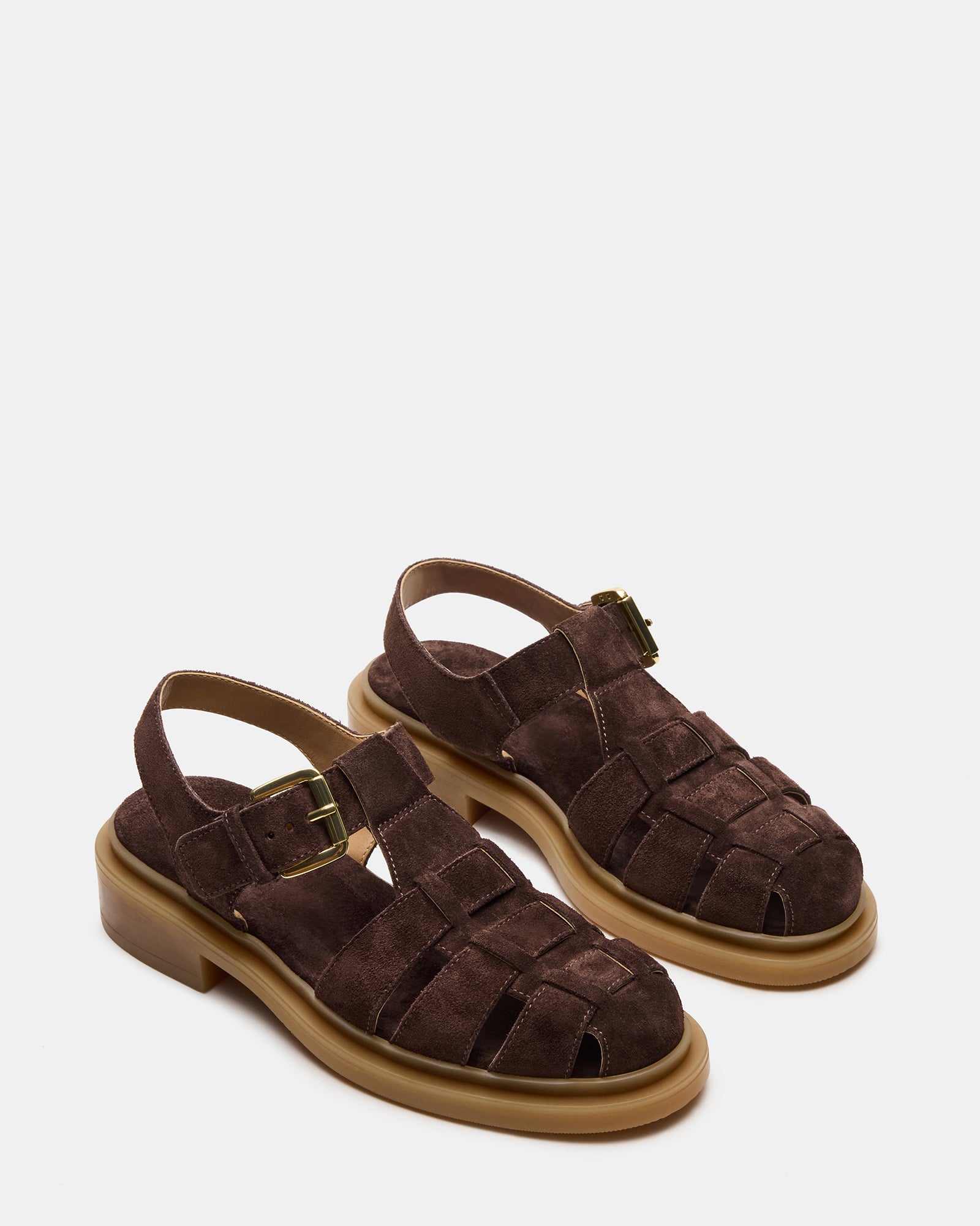 Close-up of synthetic lining in comfortable brown sandals for women.