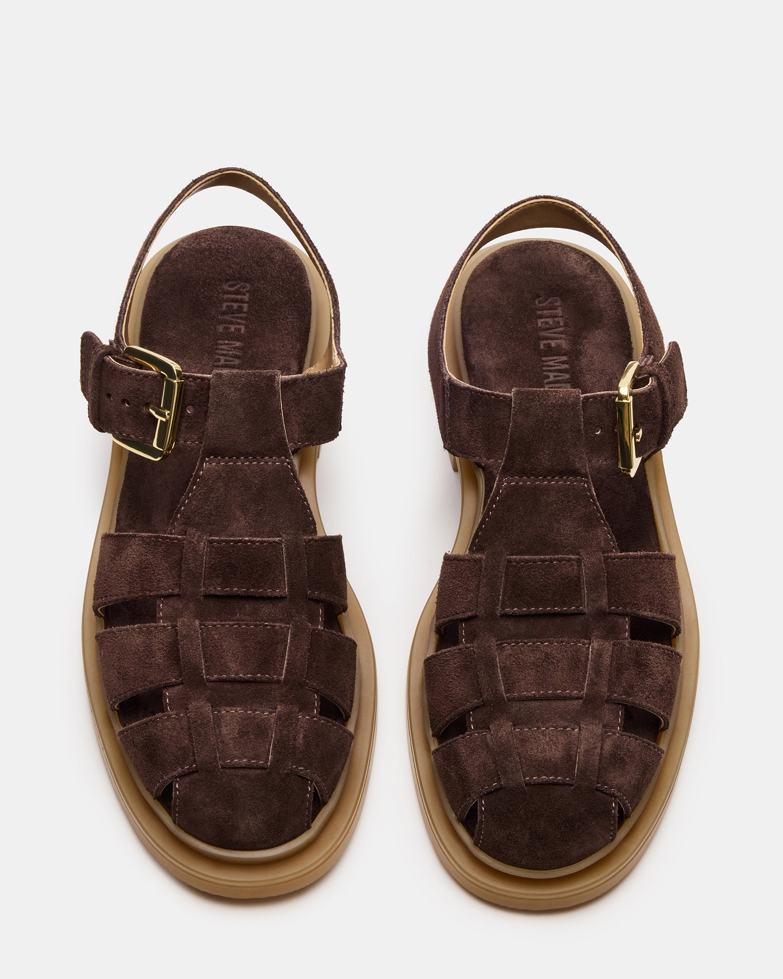 Side view of brown suede womens fisherman sandals, showcasing the design.