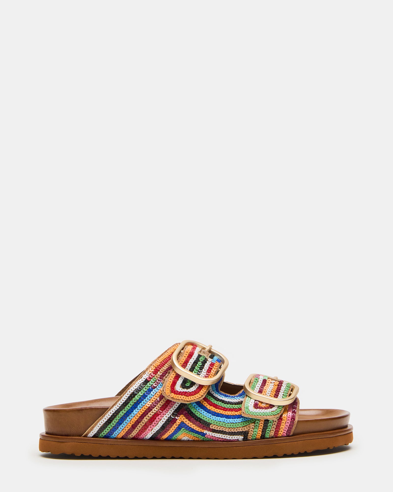 Close-up of sequin embellishments on slide sandals, ideal for warm climates