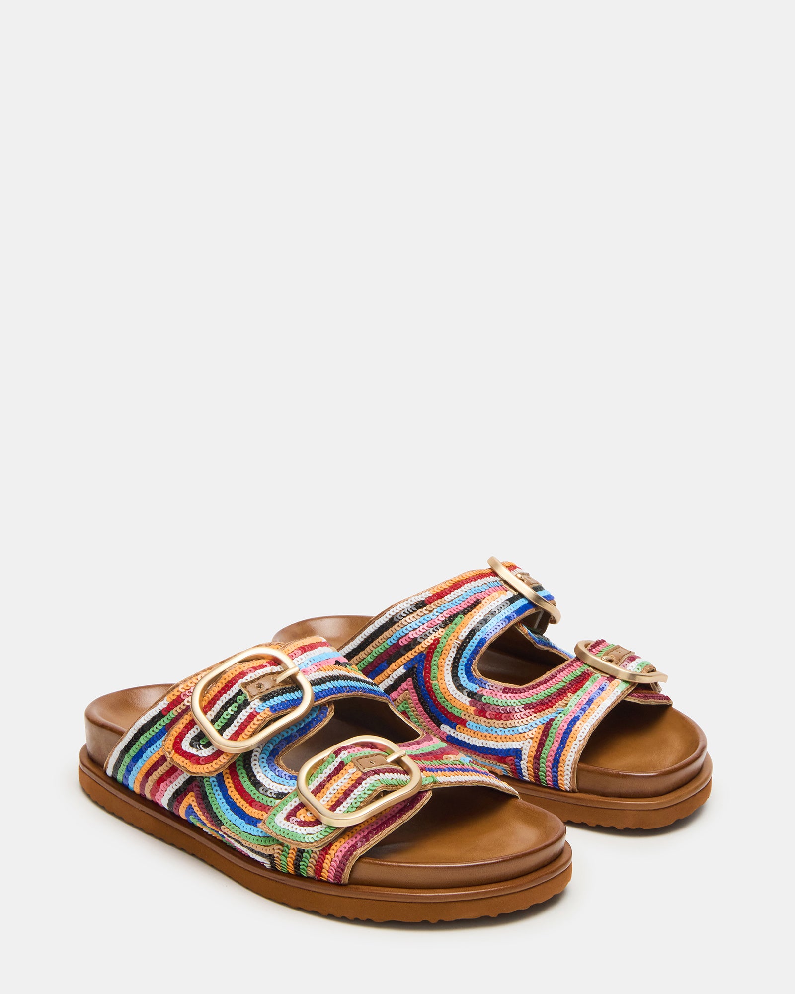 Side angle of comfortable sandals with adjustable buckles for daily wear