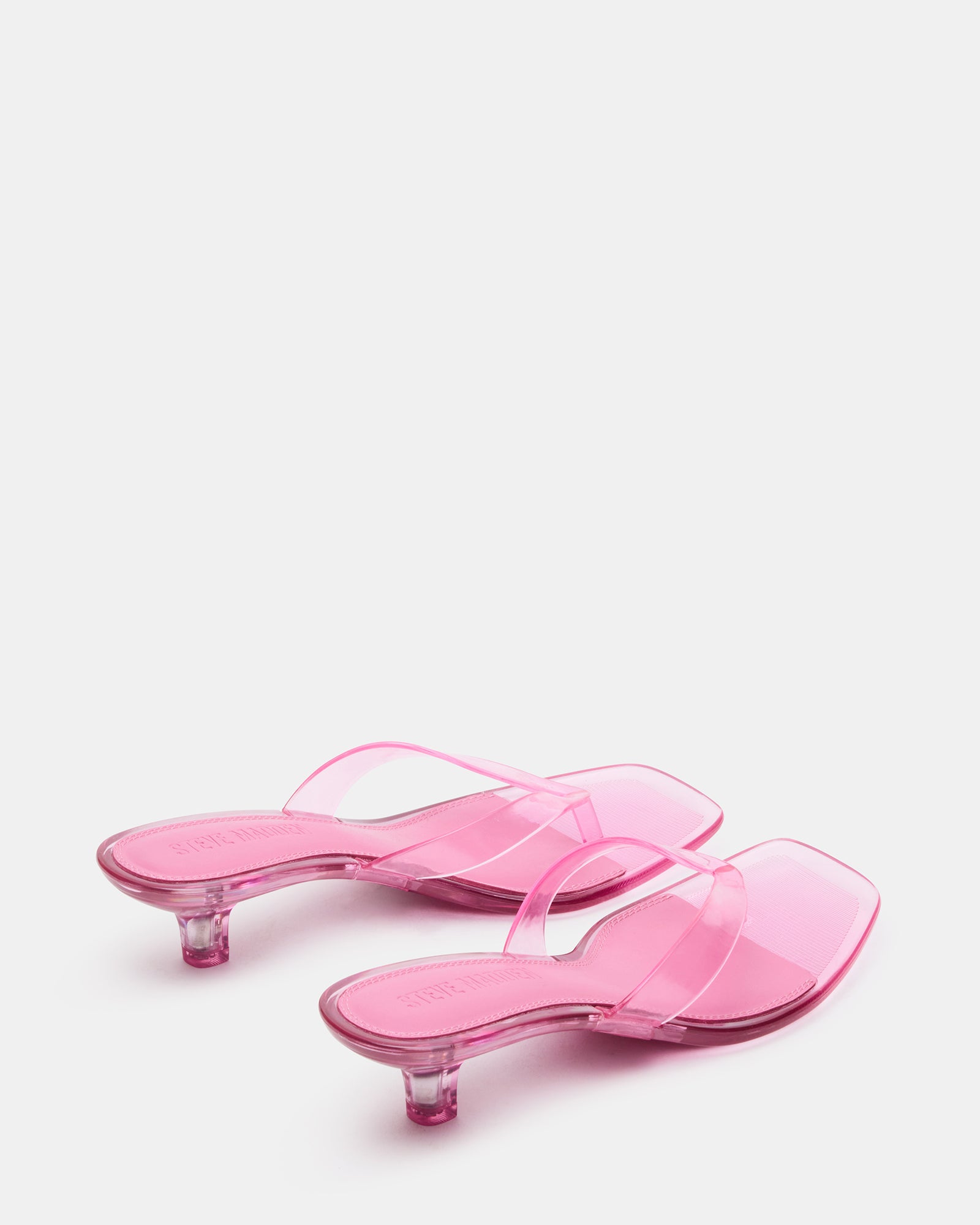 Close-up of Tracie jelly pink sandals highlighting the square toe design.