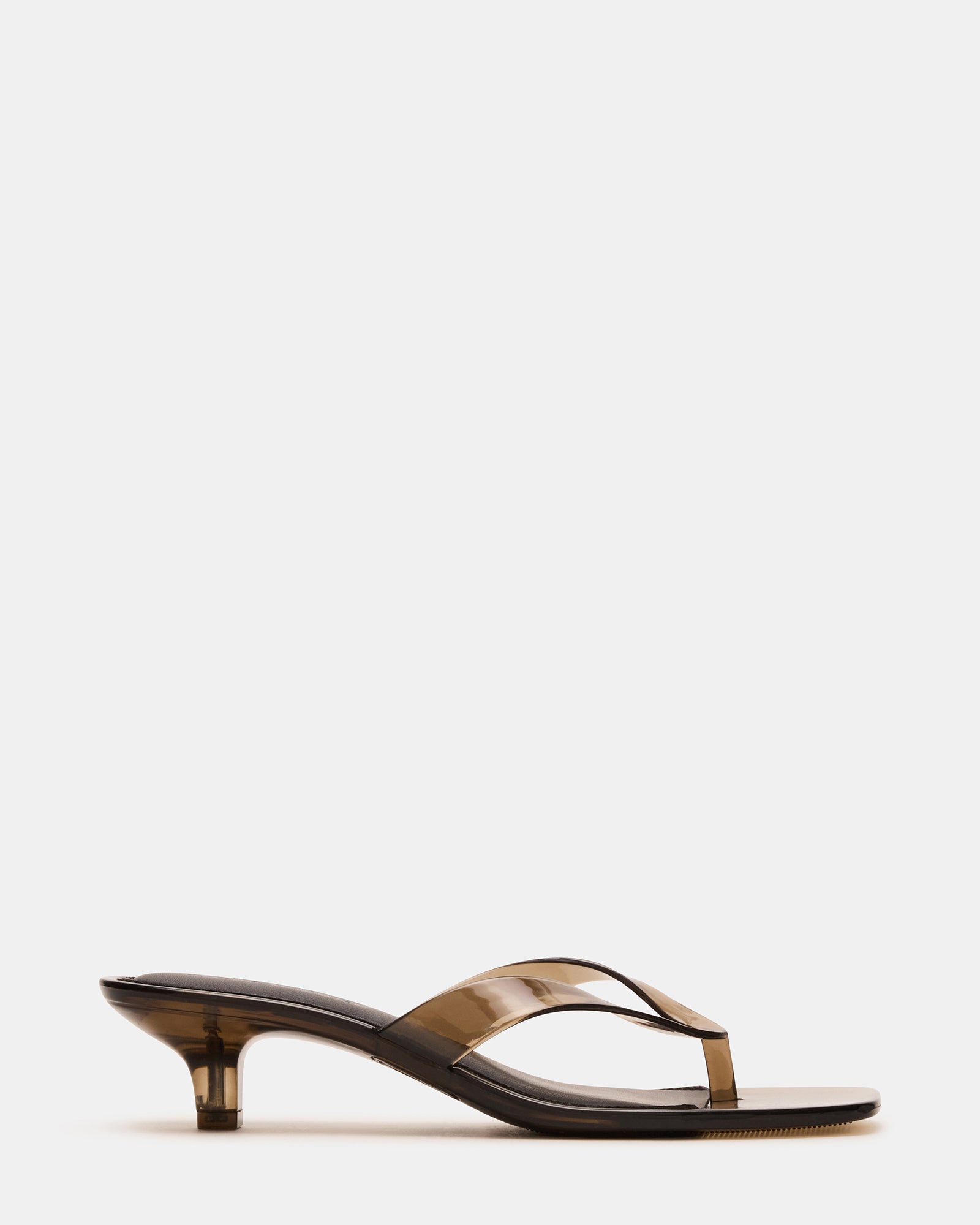 Side view of Tracie Jelly Smoke kitten heel sandals with thong strap.