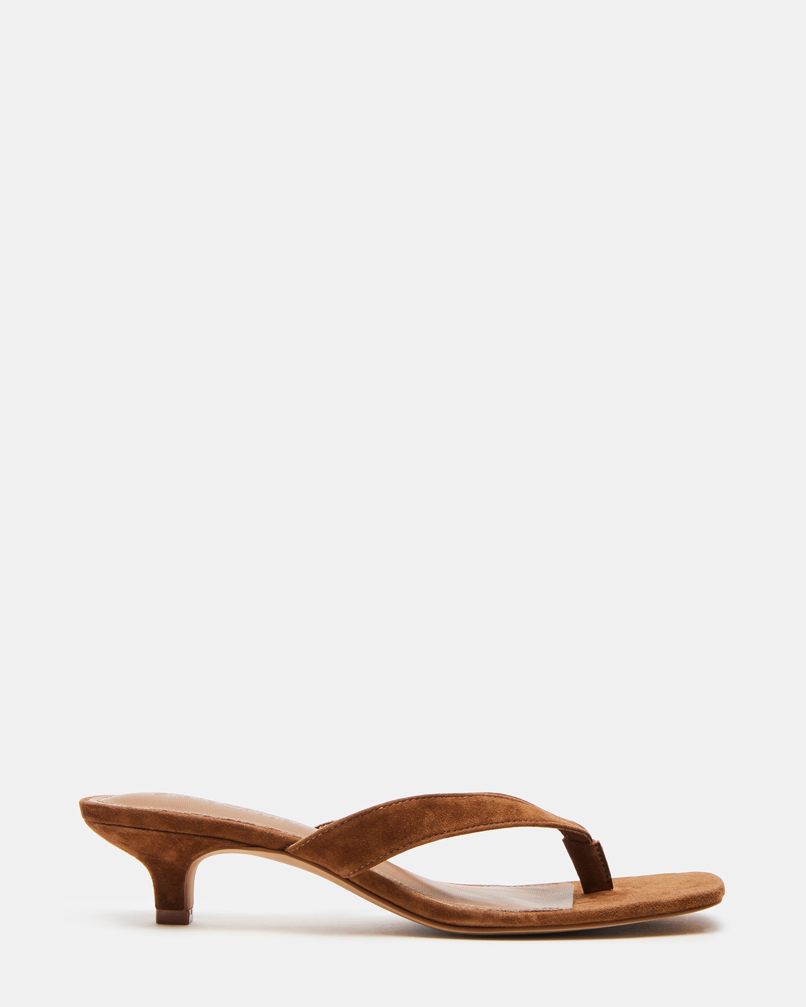 Side view of Tracie brown suede heeled shoes showcasing the chic thong strap.