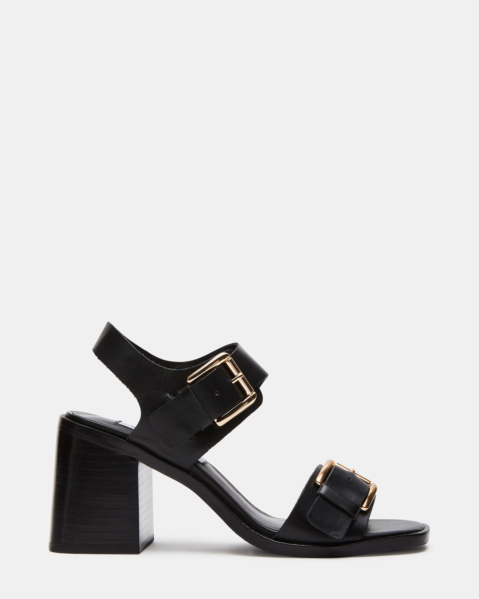 Side view of black block heel sandals showcasing the square toe design.