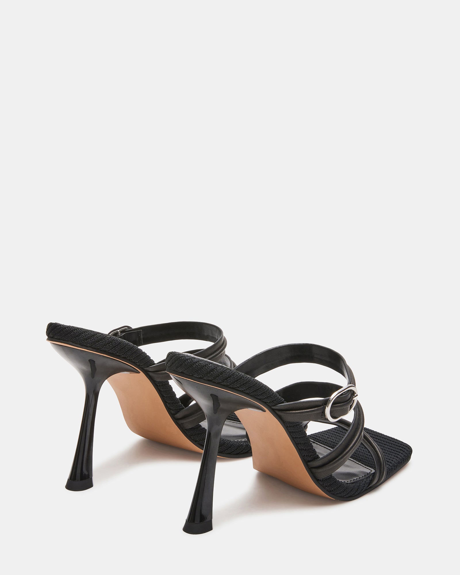 Close-up of the square toe design of Trin Black sandals