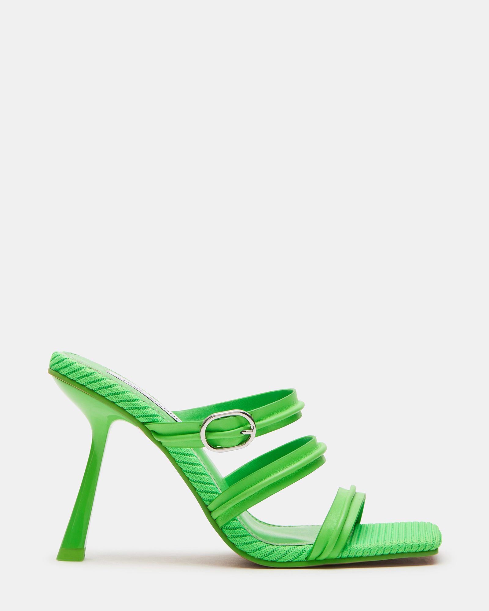 Side view of square toe heeled sandals showing 4-inch angled stiletto heel.