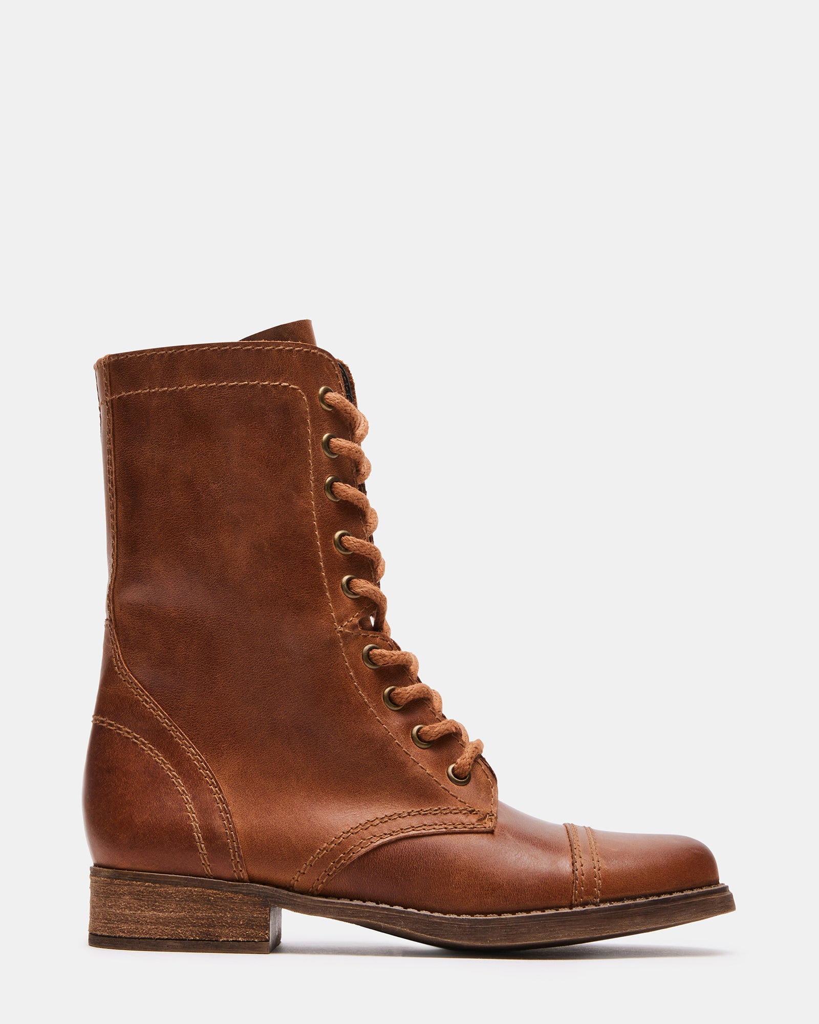 Troopa 3.0 brown leather combat boots from the side in a casual environment.