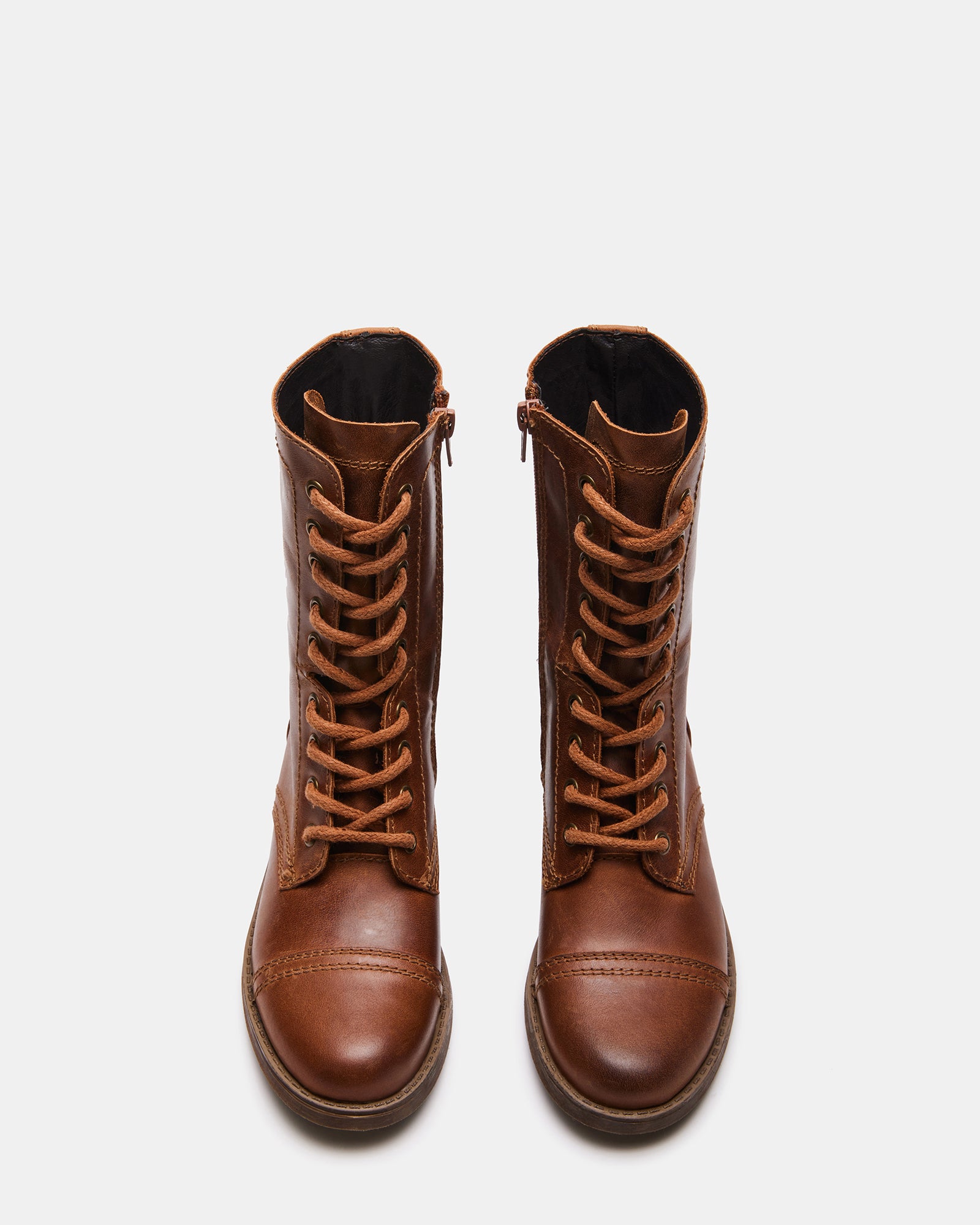 Troopa 3.0 brown leather combat boots from the side in a casual environment.