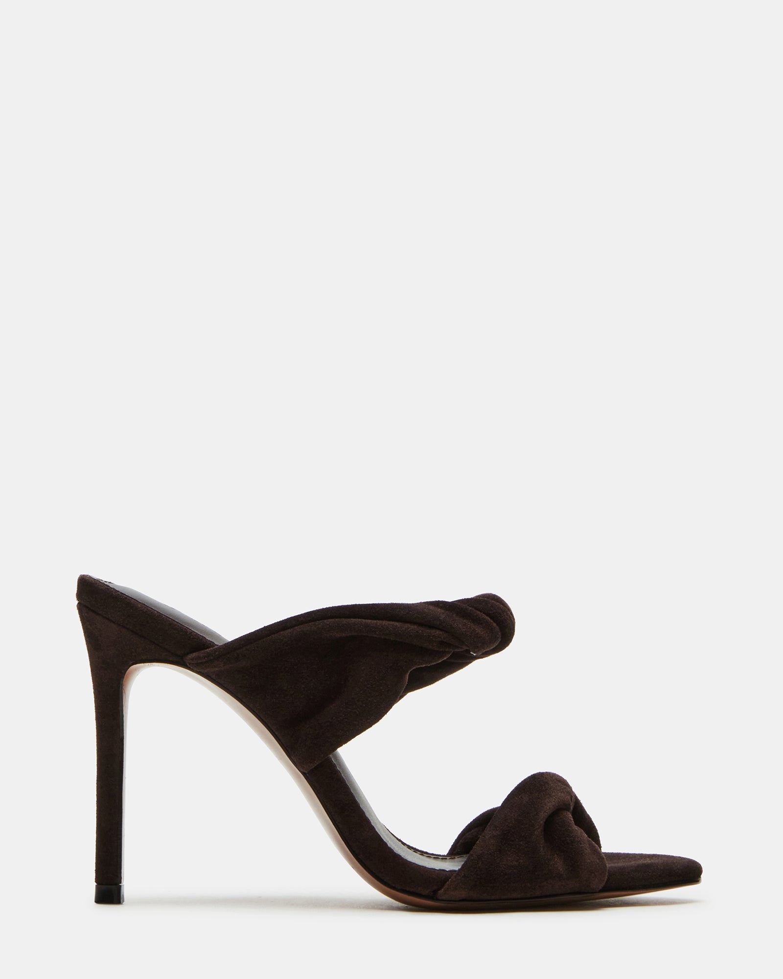 Elegant brown suede mule heels with a stiletto design, ideal for formal events.