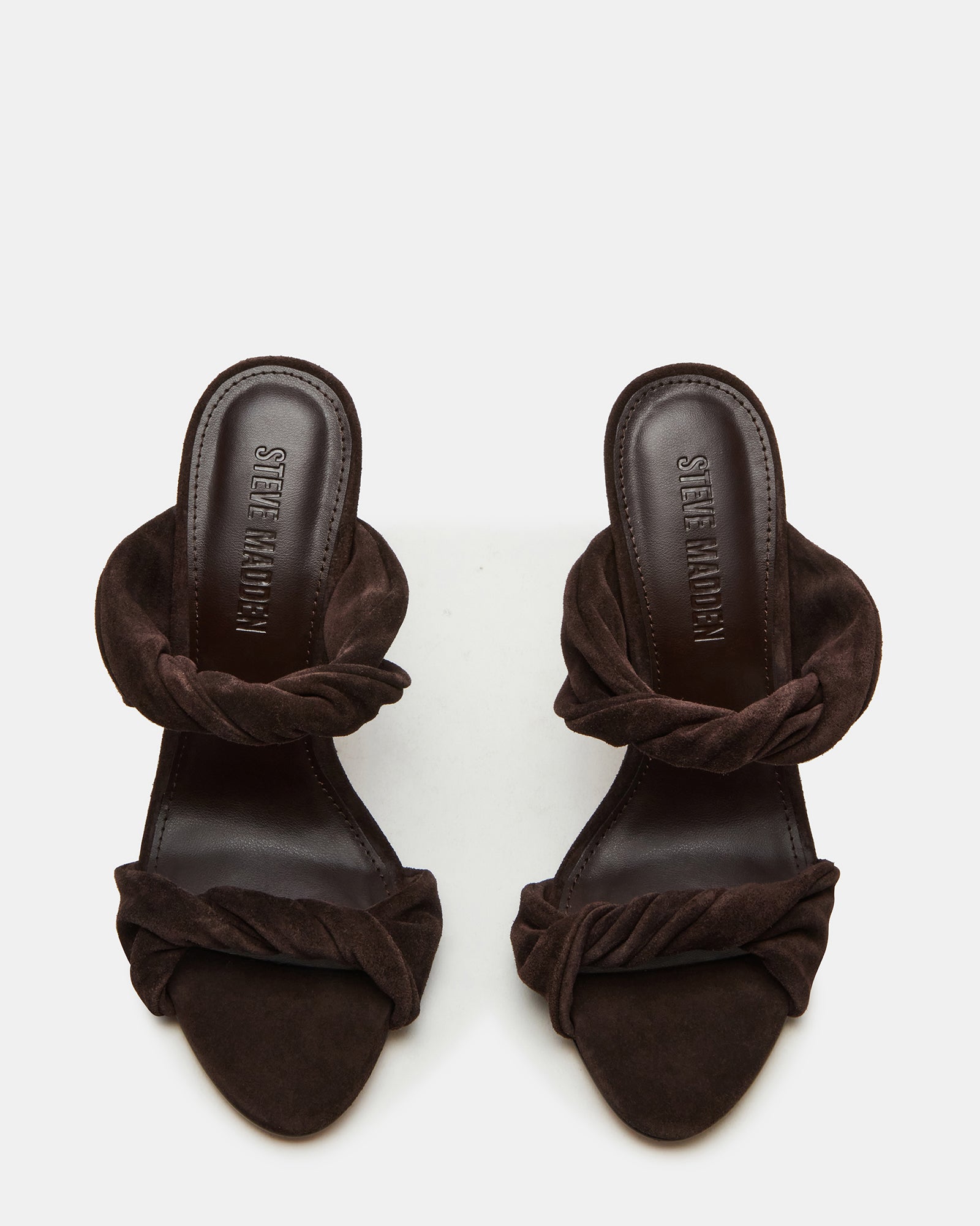 Elegant brown suede mule heels with a stiletto design, ideal for formal events.