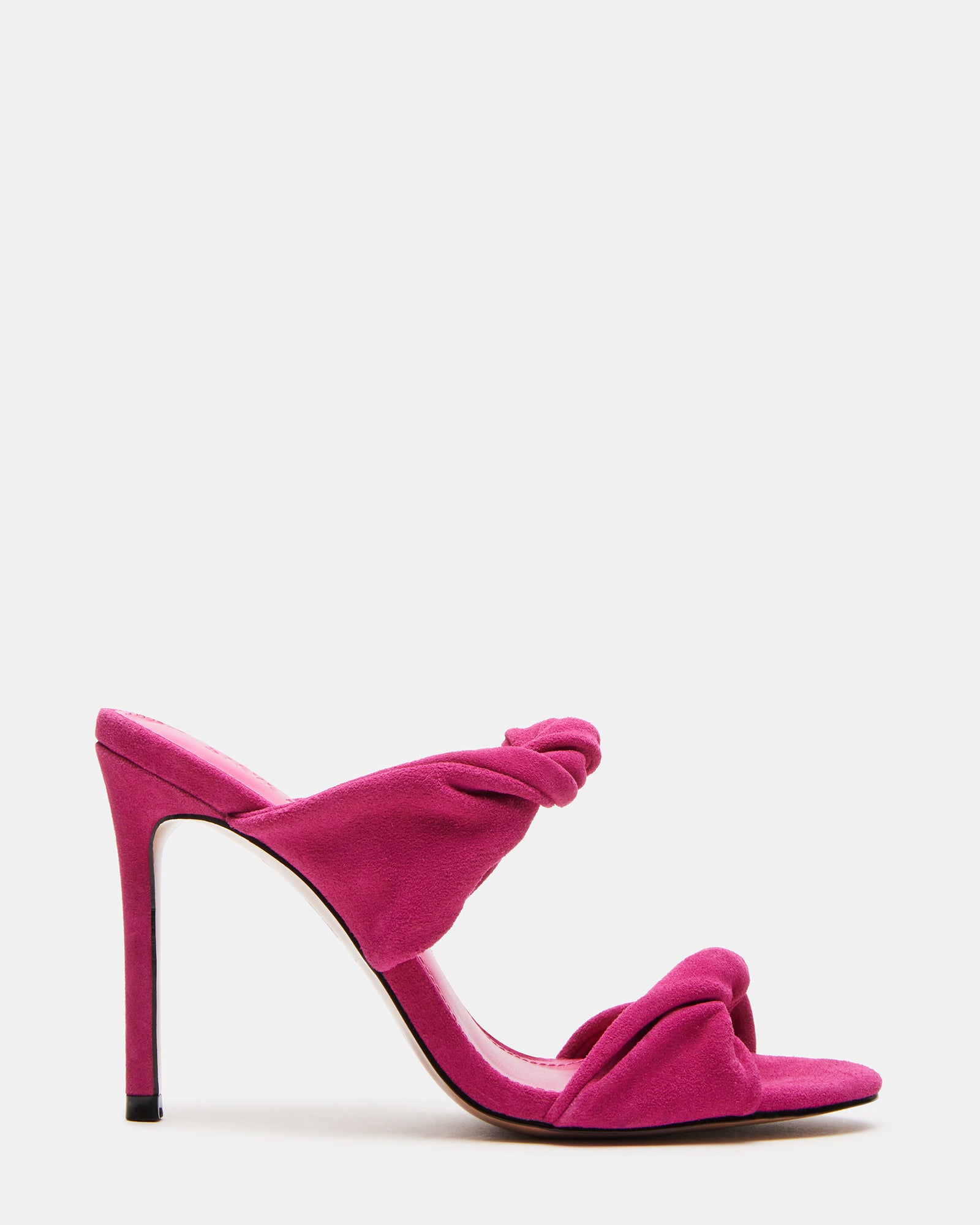 Side view of fuchsia suede stiletto heels with mule silhouette