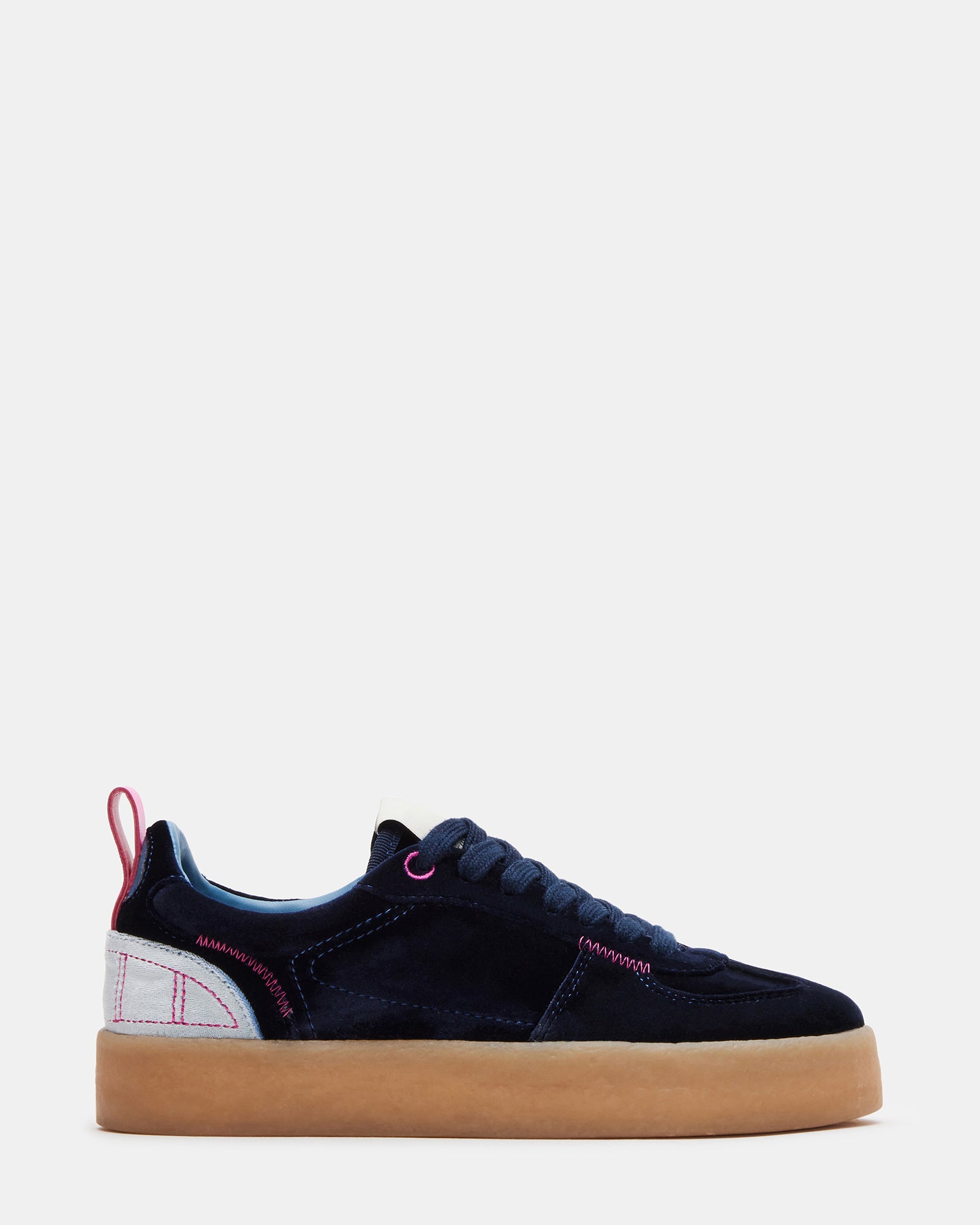 Tucker platform sneakers in navy multi color from the side view.
