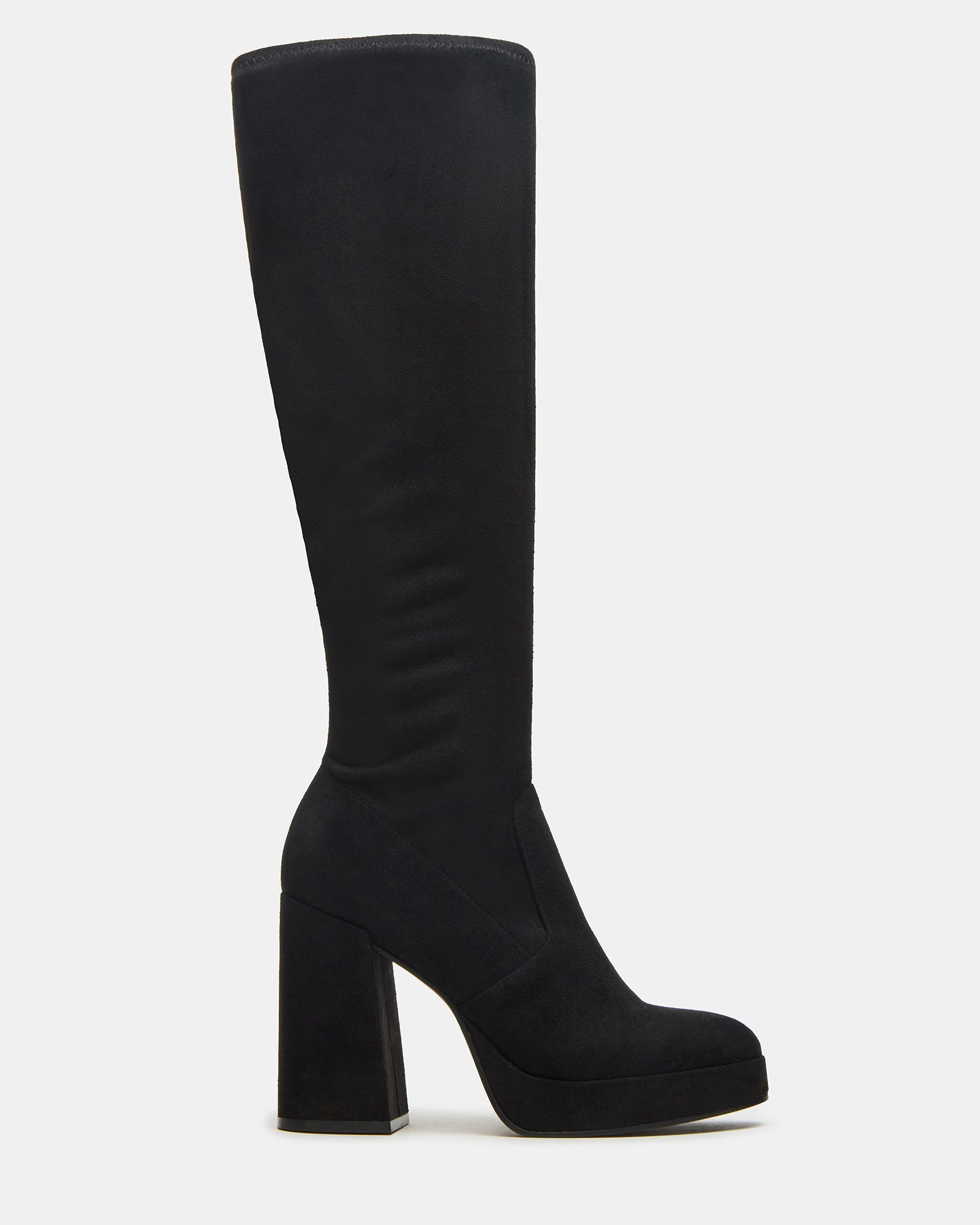 Side view of black knee-high boots showcasing block heel and rounded toe.