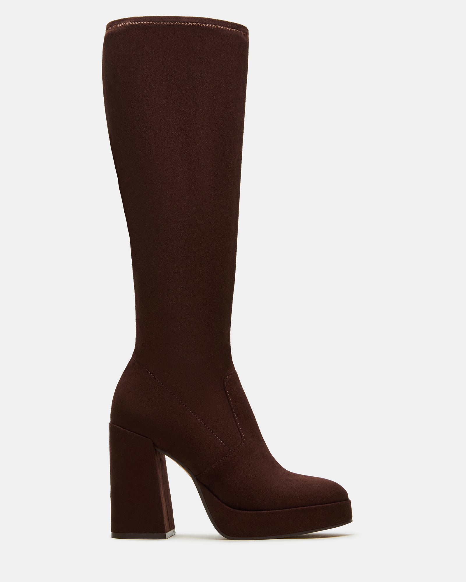 Side view of TWAIN women's brown knee-high boots with block heel and zipper